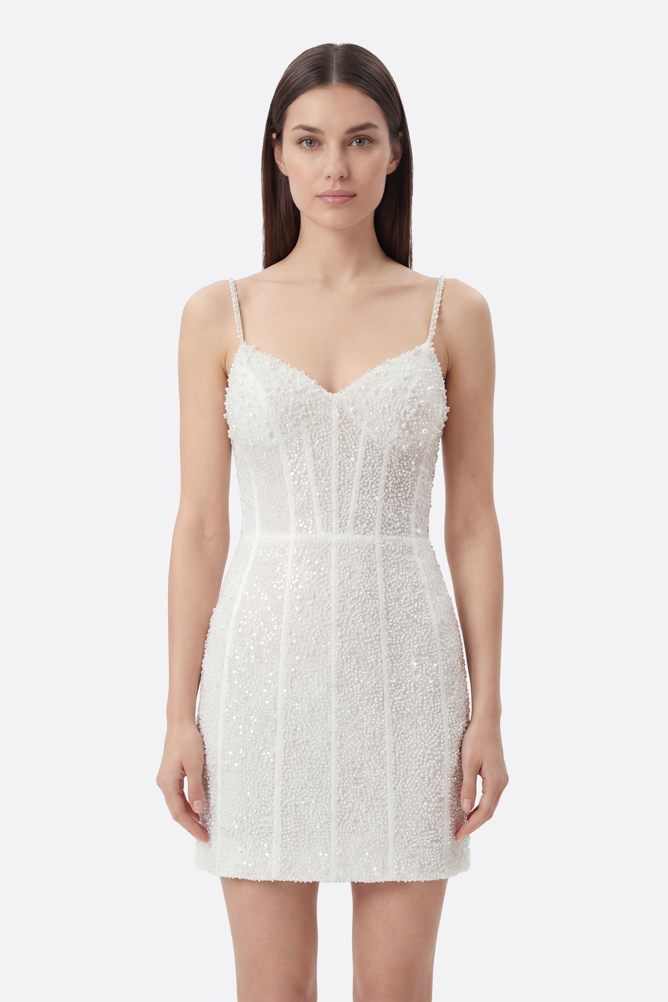 Vestido corto blanco con perlas Otheo de tirantes