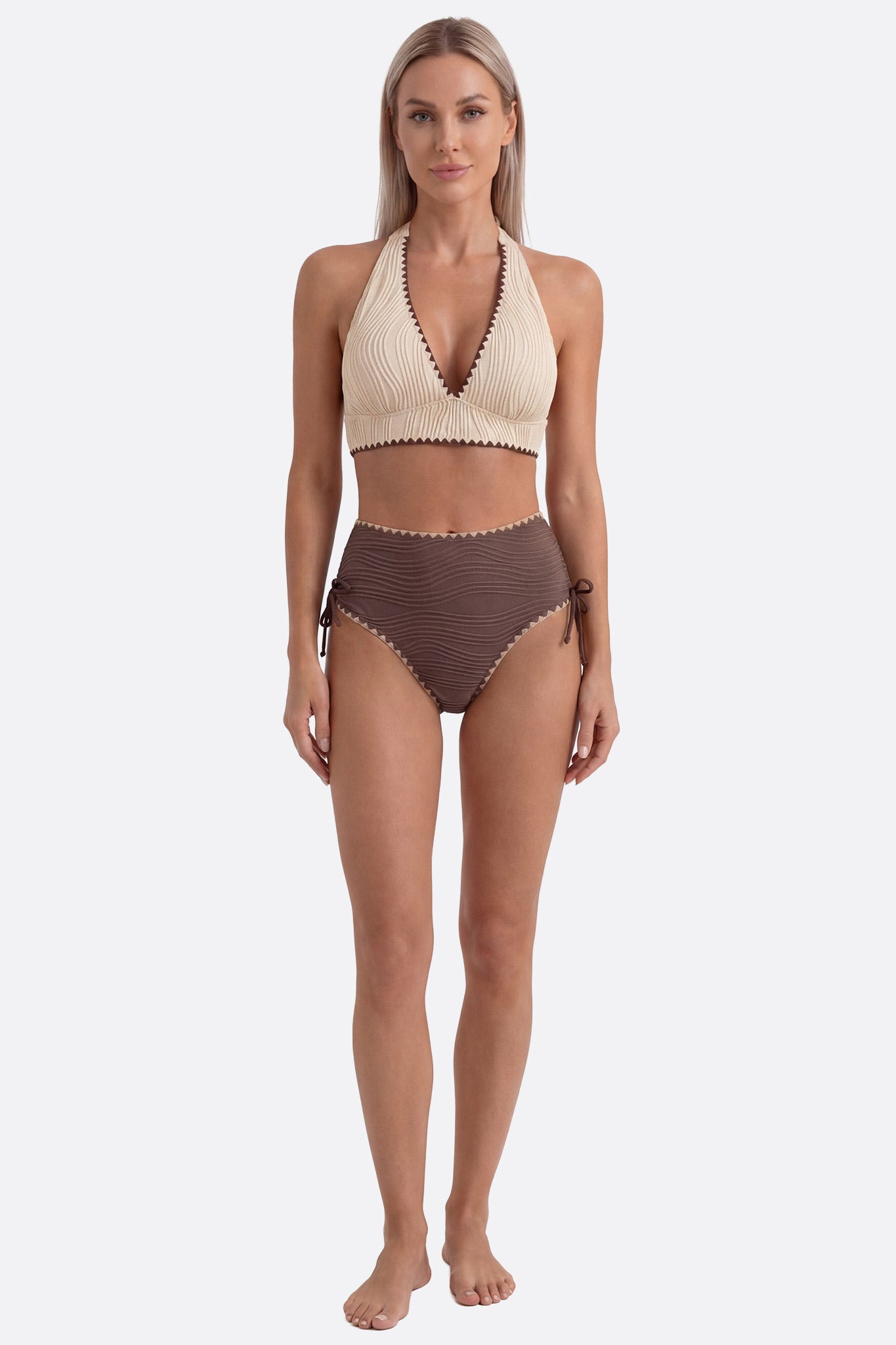 Bañador de dos piezas de talle alto texturizado beige y marrón para mujer