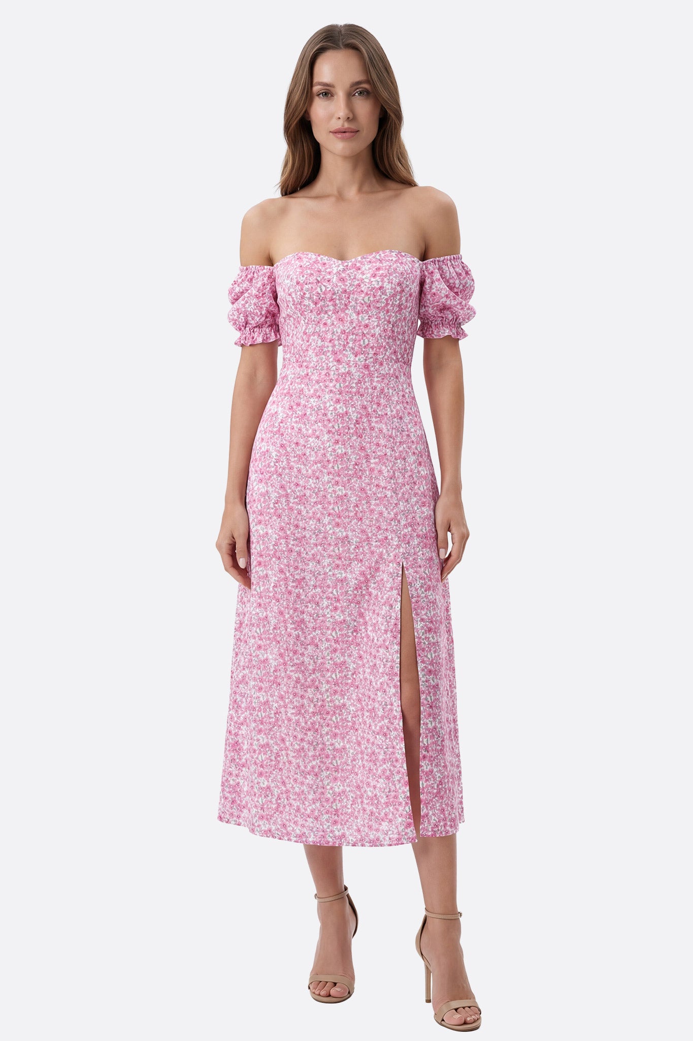 Vestido midi floral rosa con mangas abullonadas