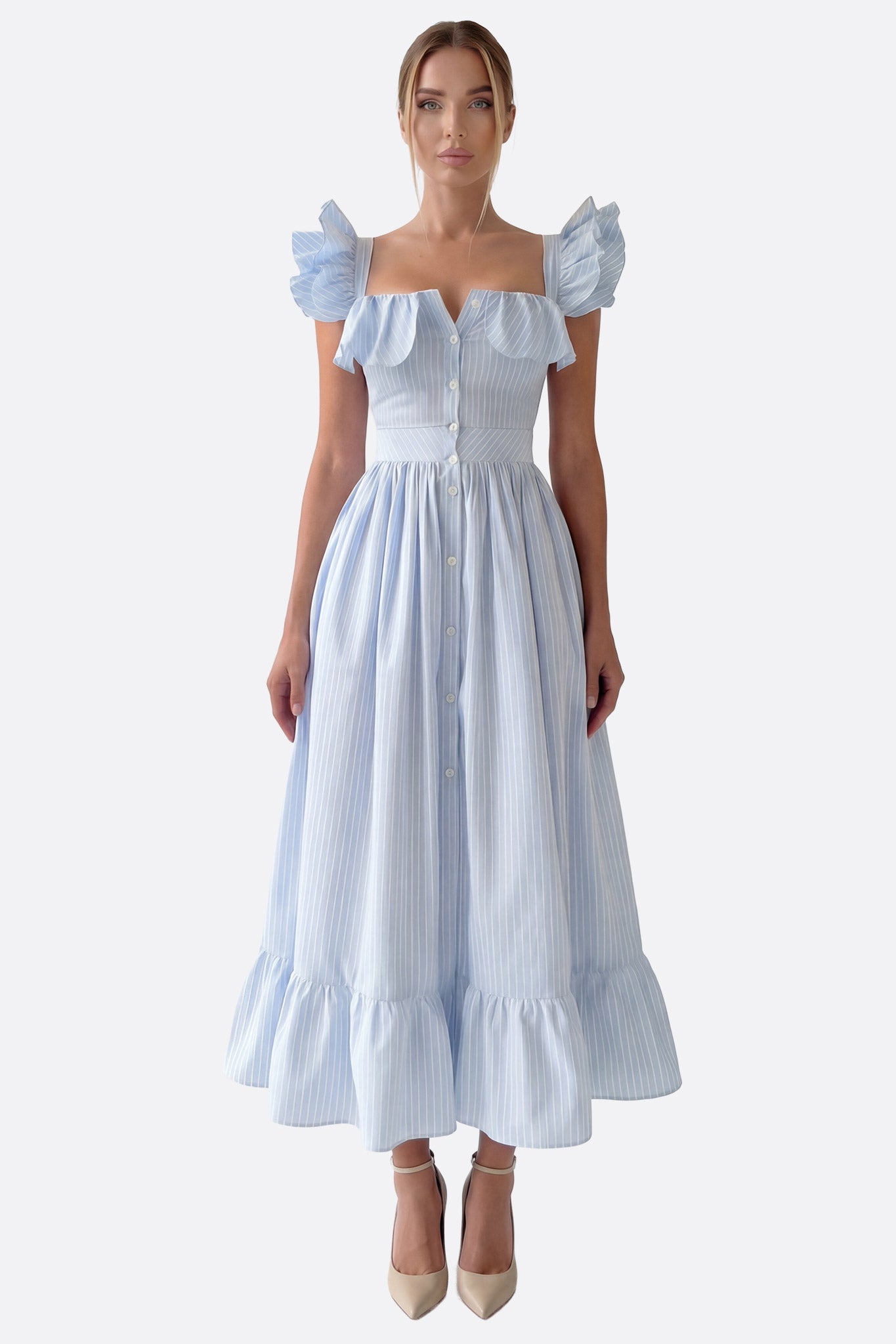 Vestido midi a rayas azul con volantes y cierre central de botones