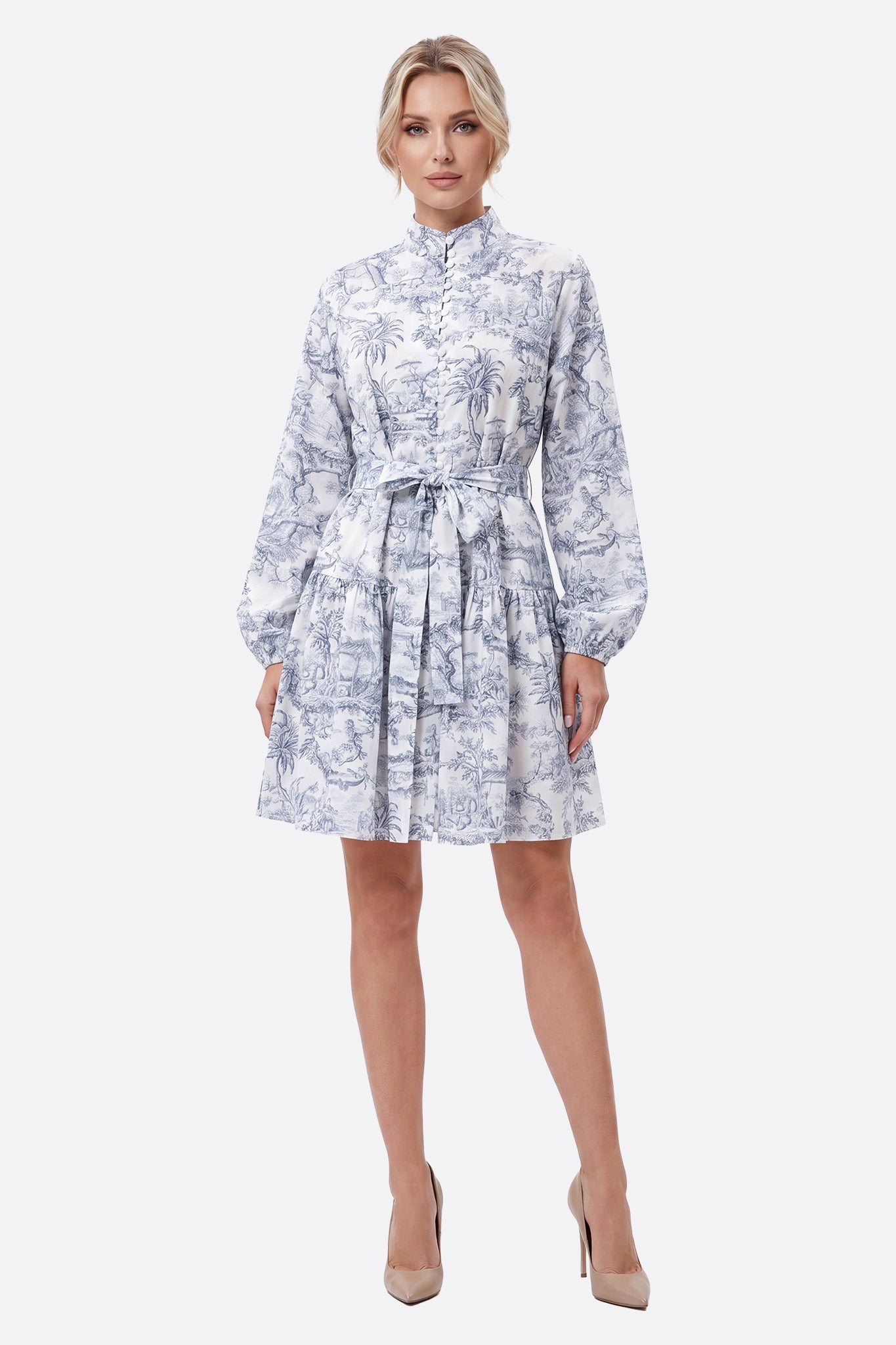 Toile de Jouy Printed Dress with Belted Waist | Shop Now – Misciano
