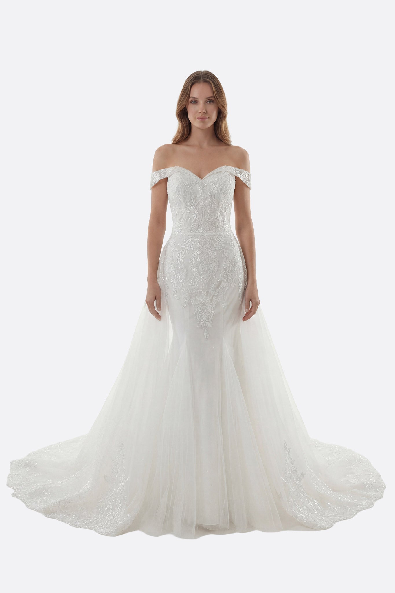 Ropa de novia sirena con hombros al descubierto y cola desmontable
