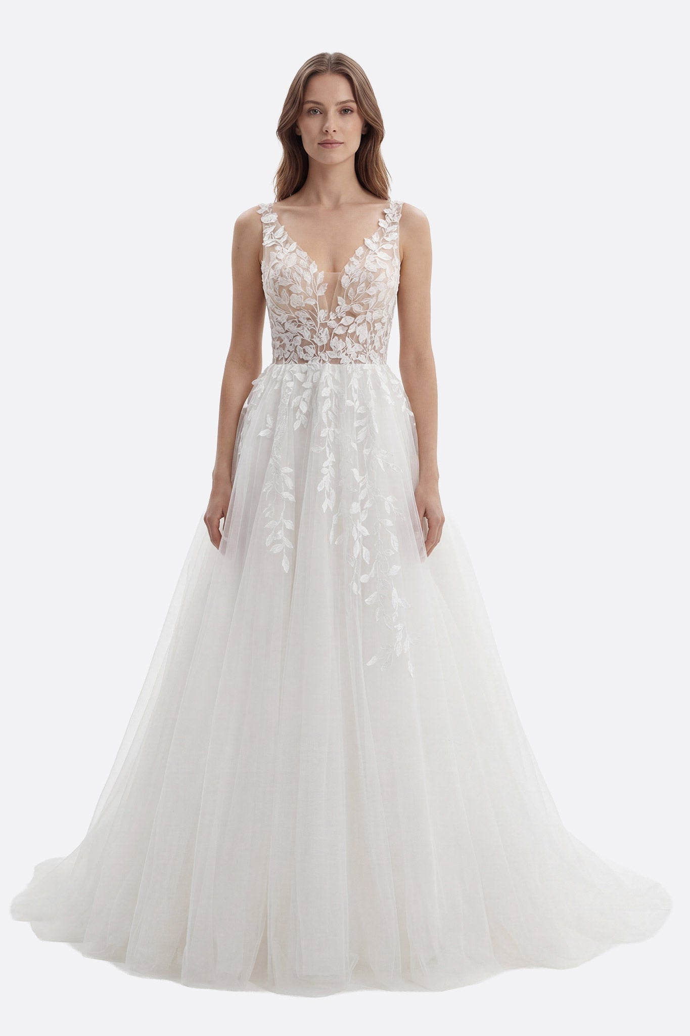 Ropa de novia larga de tul con encaje floral y escote en V