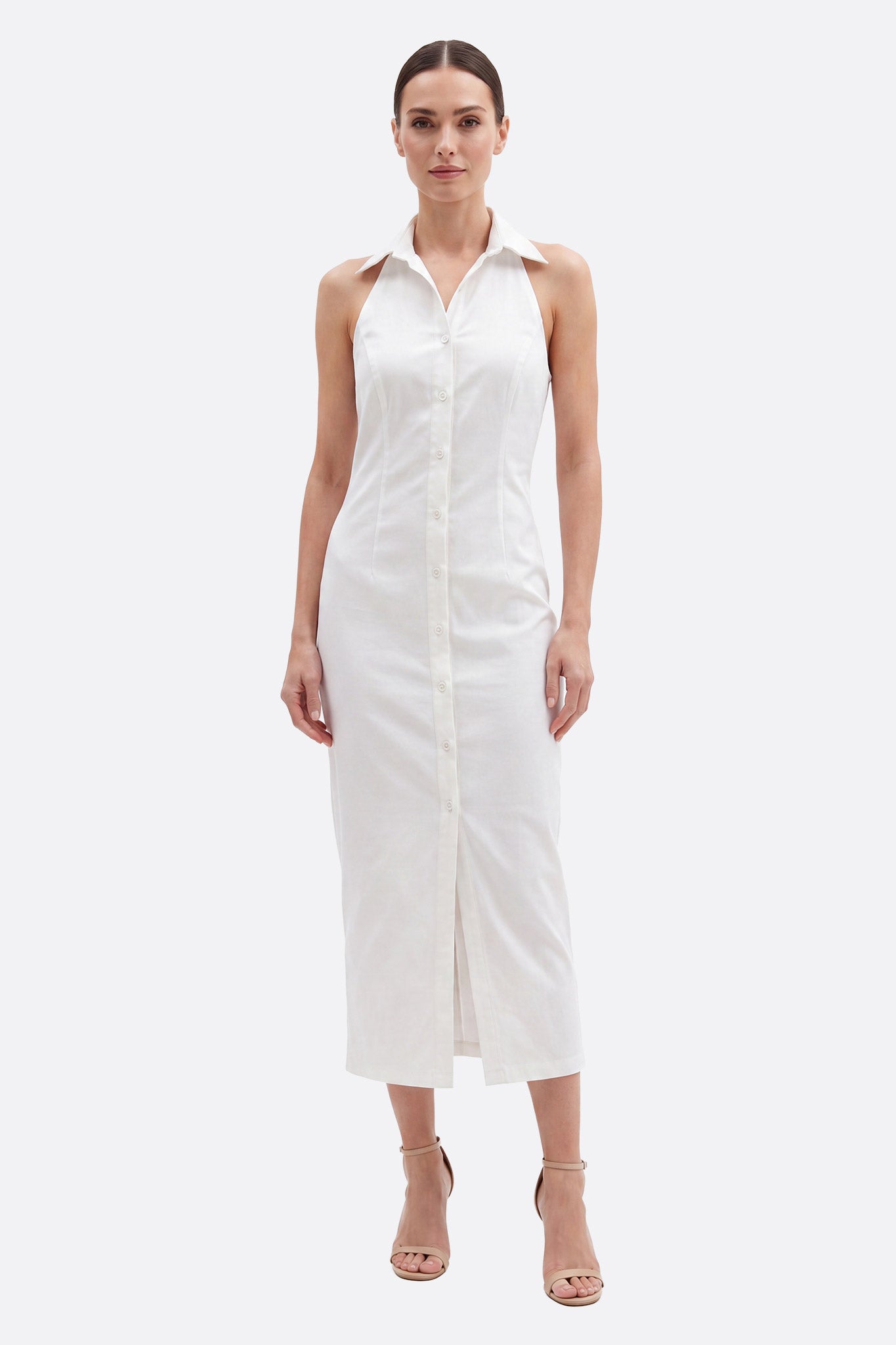 Vestido midi blanco con cuello camisero