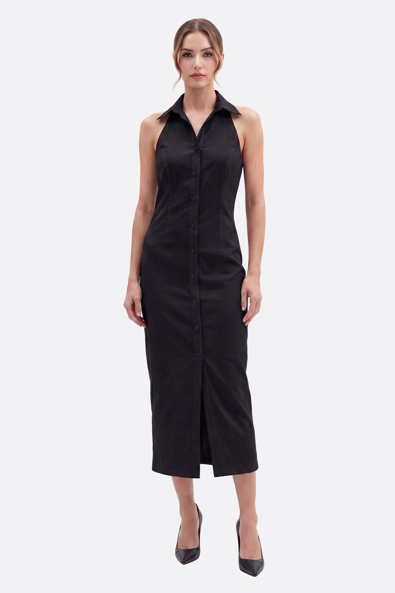 Vestido midi negro con cuello camisero