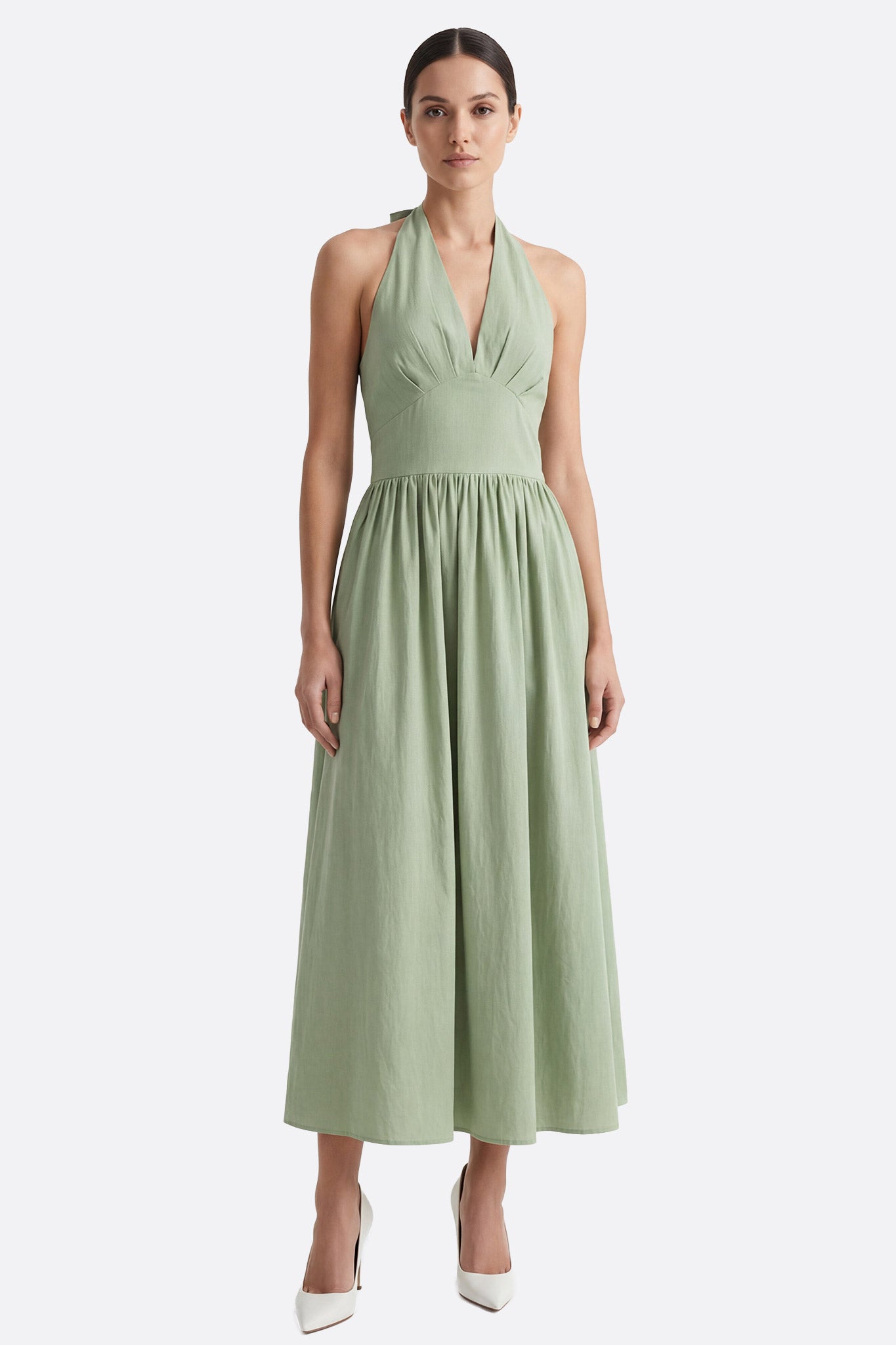 Vestido midi espalda descubierta en algodón verde con cintura estructurada