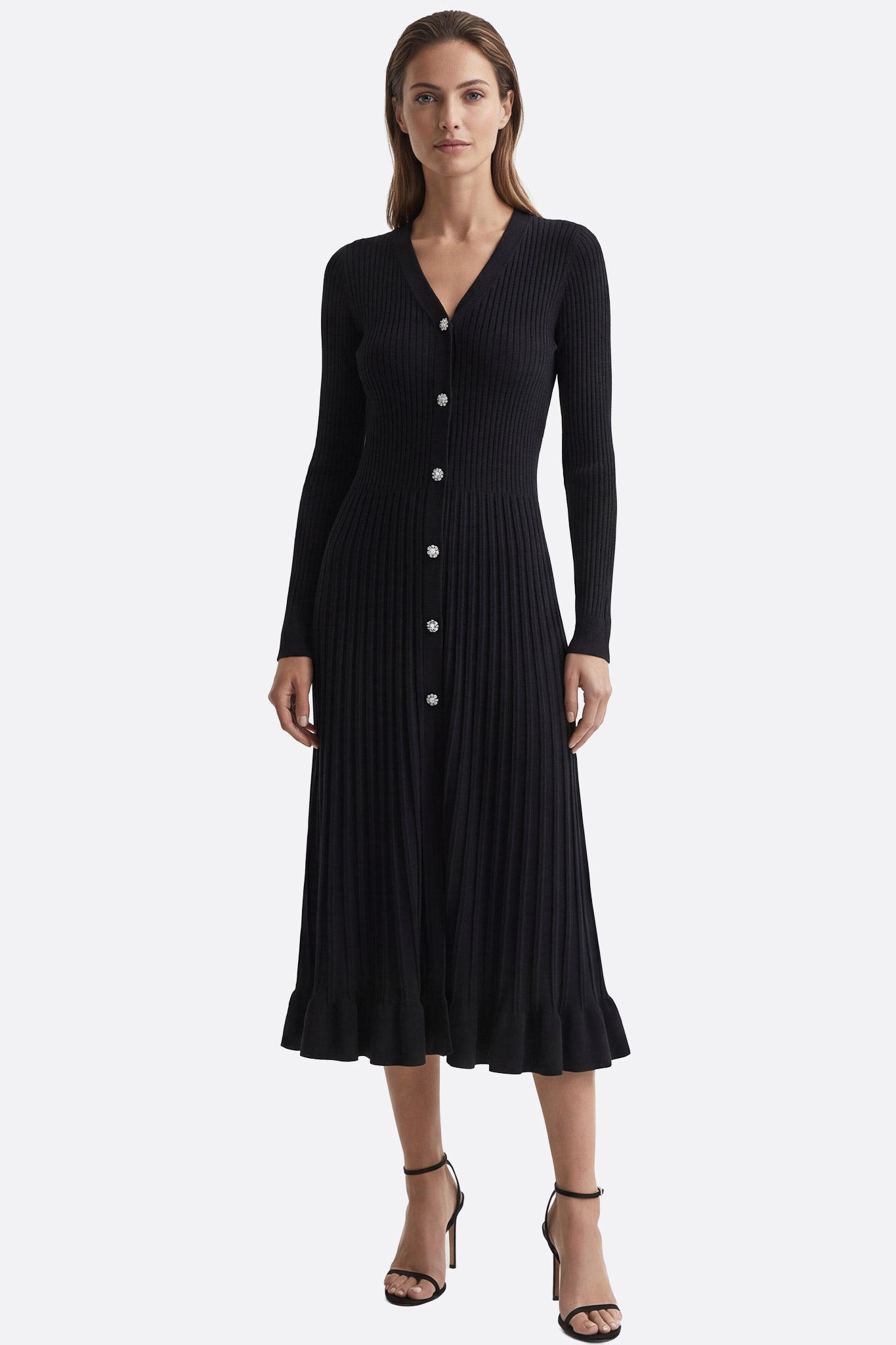 Vestido midi negro de punto acanalado
