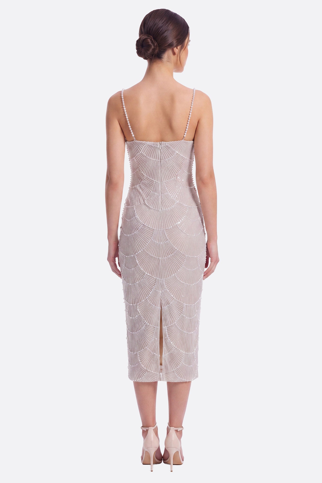 Sculptural midi dress with champagne beads and sequins – Misciano