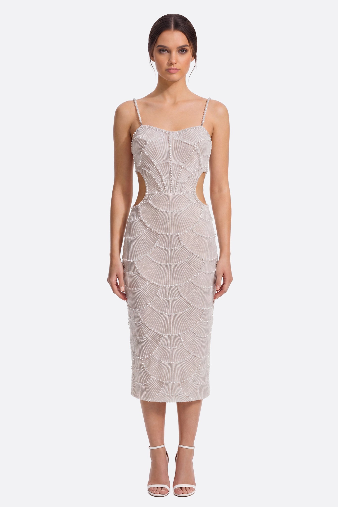 Vestido midi de perlas y lentejuelas champán