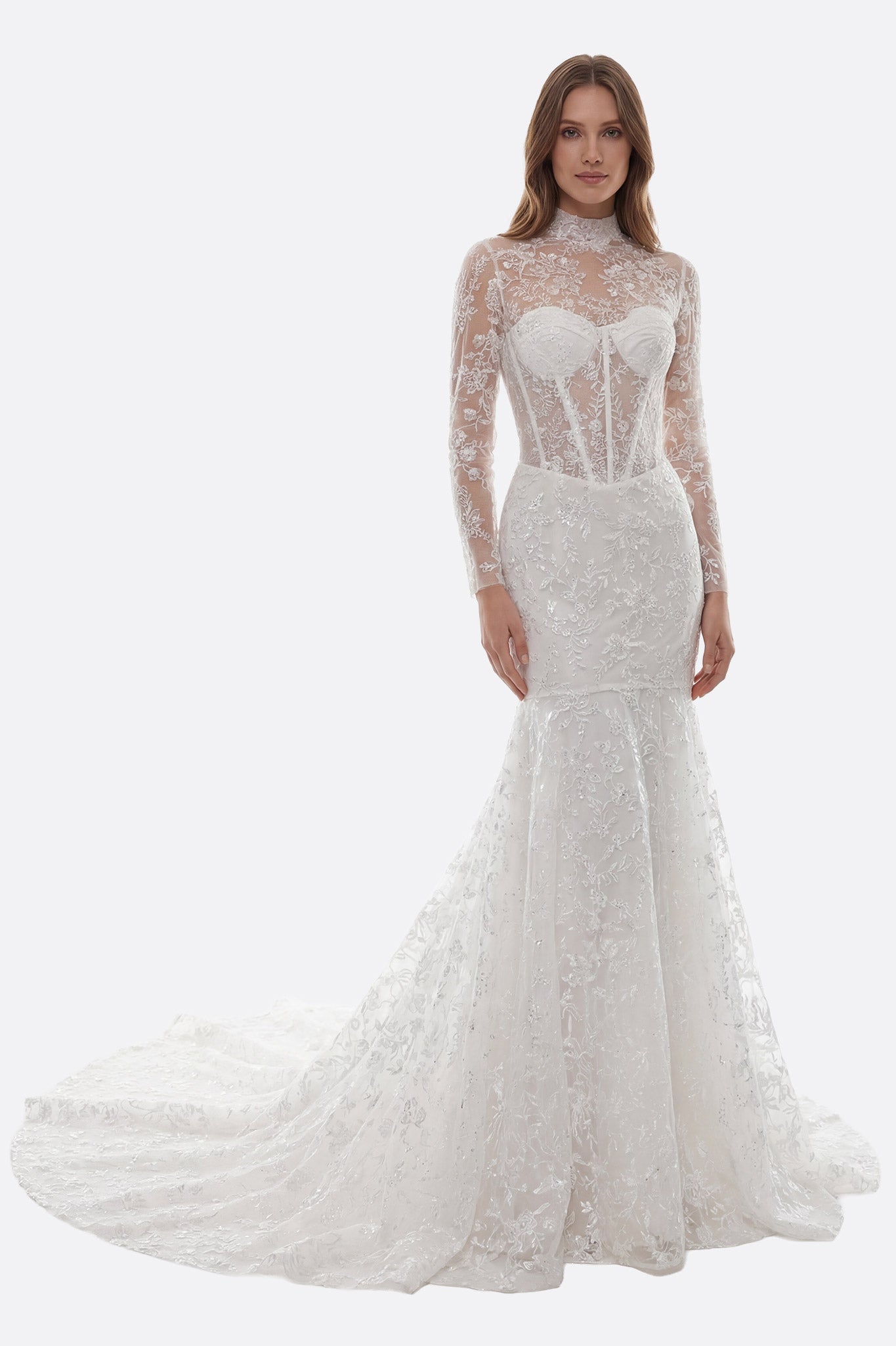 Ropa de novia sirena de encaje con mangas largas y cola bordada