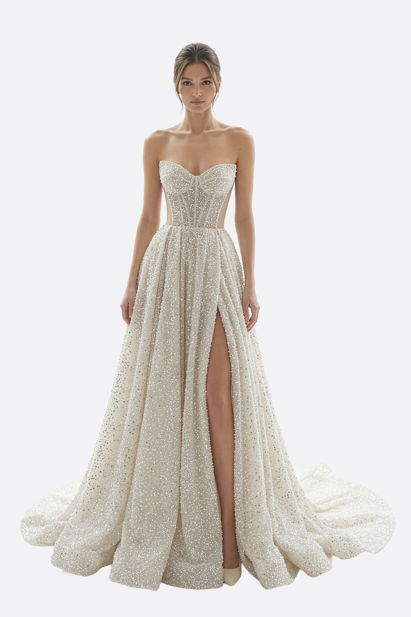 Vestido de novia de bustier Sorene perlado con abertura alta