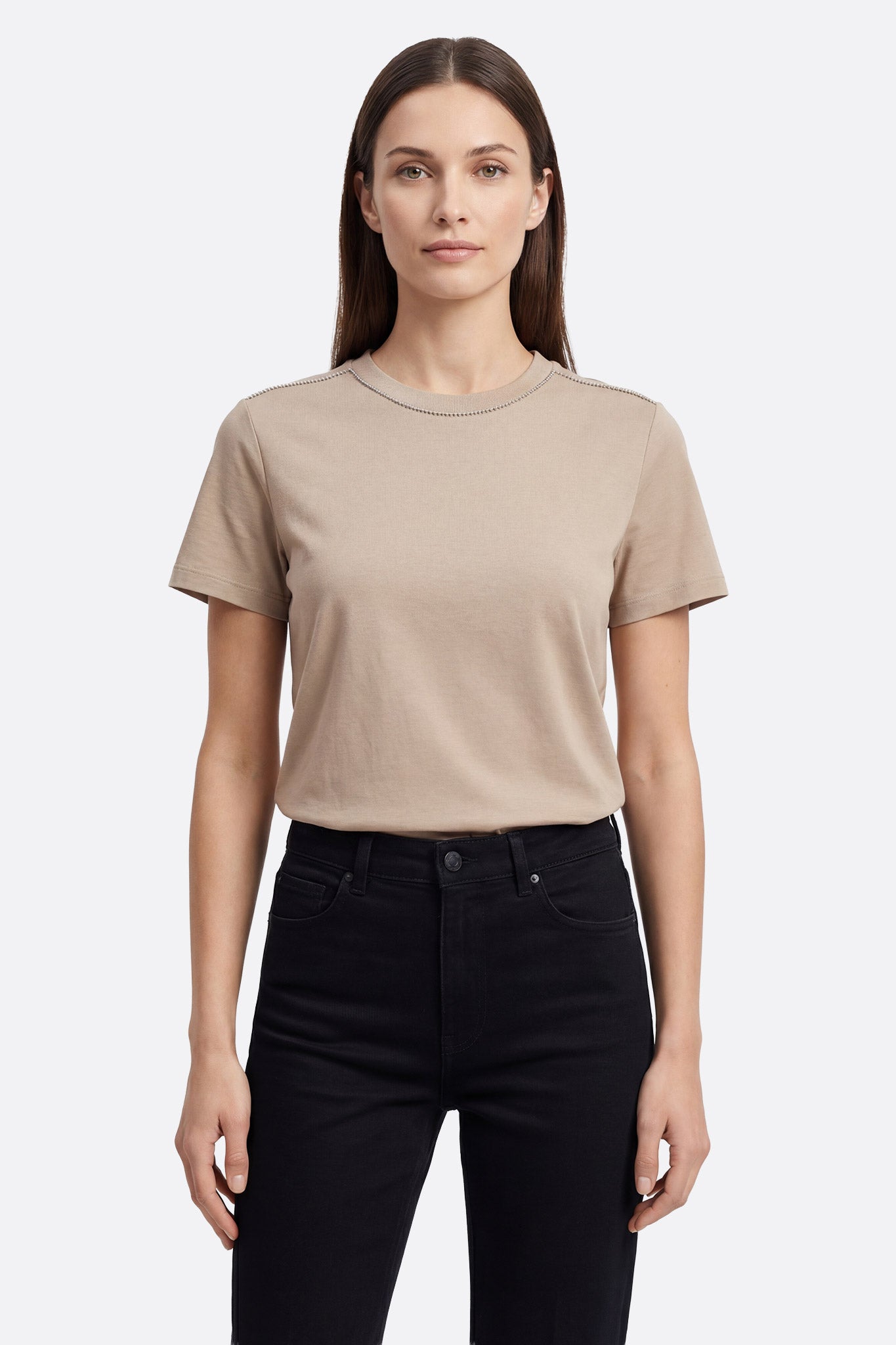 Camiseta de manga corta topo con cuello de perlas