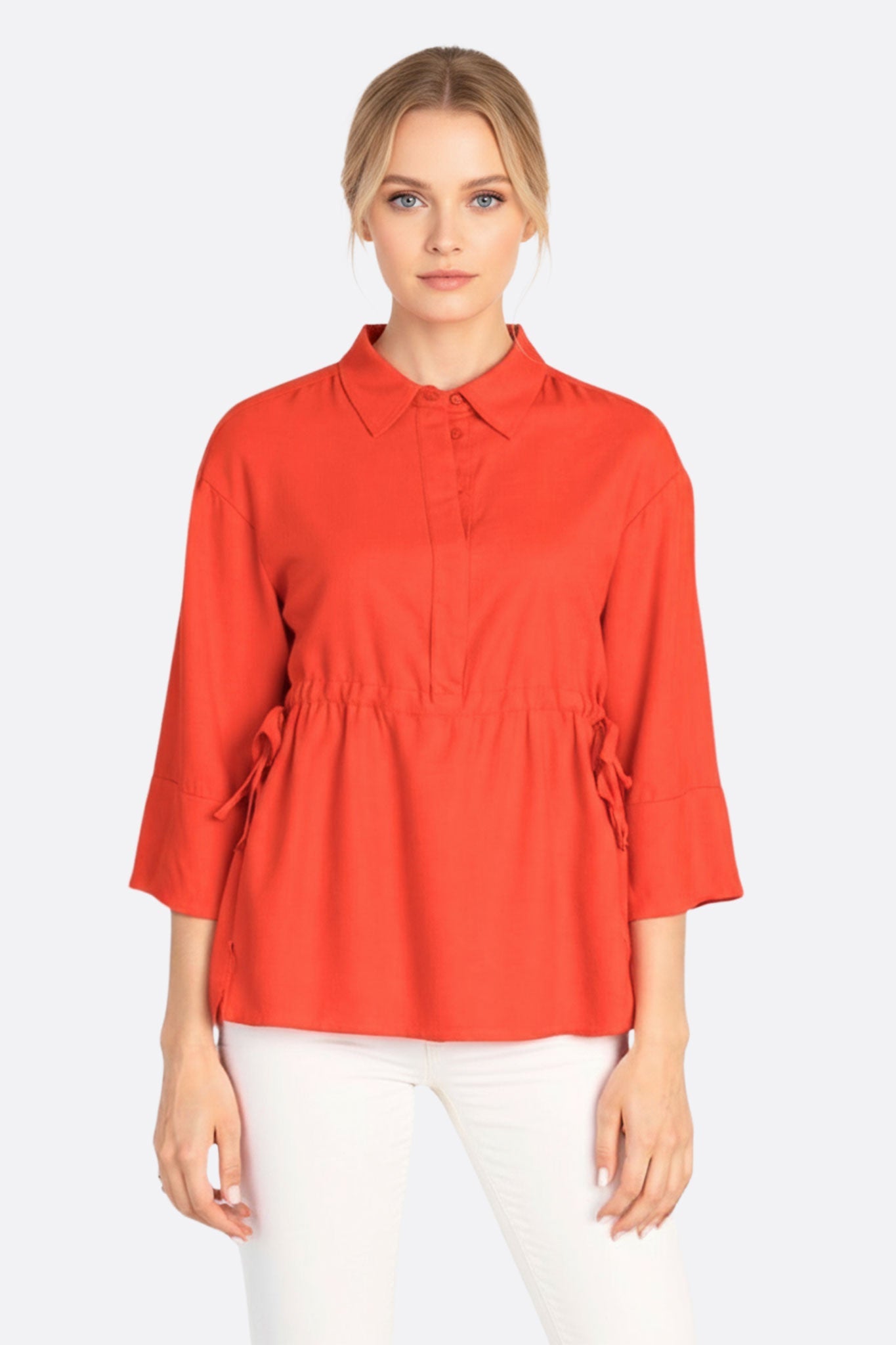 Blusa amplia roja coral de lino con lazos ajustables