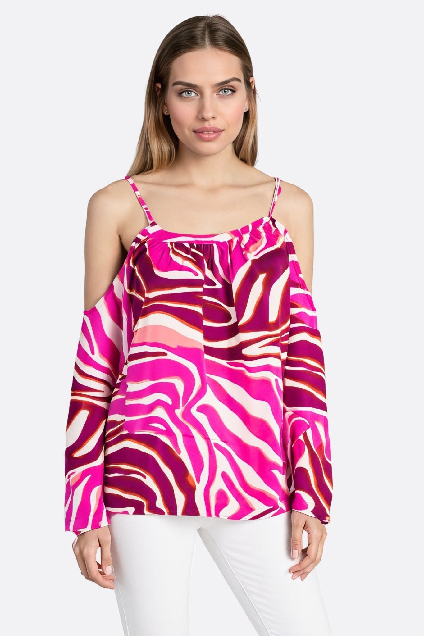 Blusa fucsia con hombros descubiertos estampado de cebra