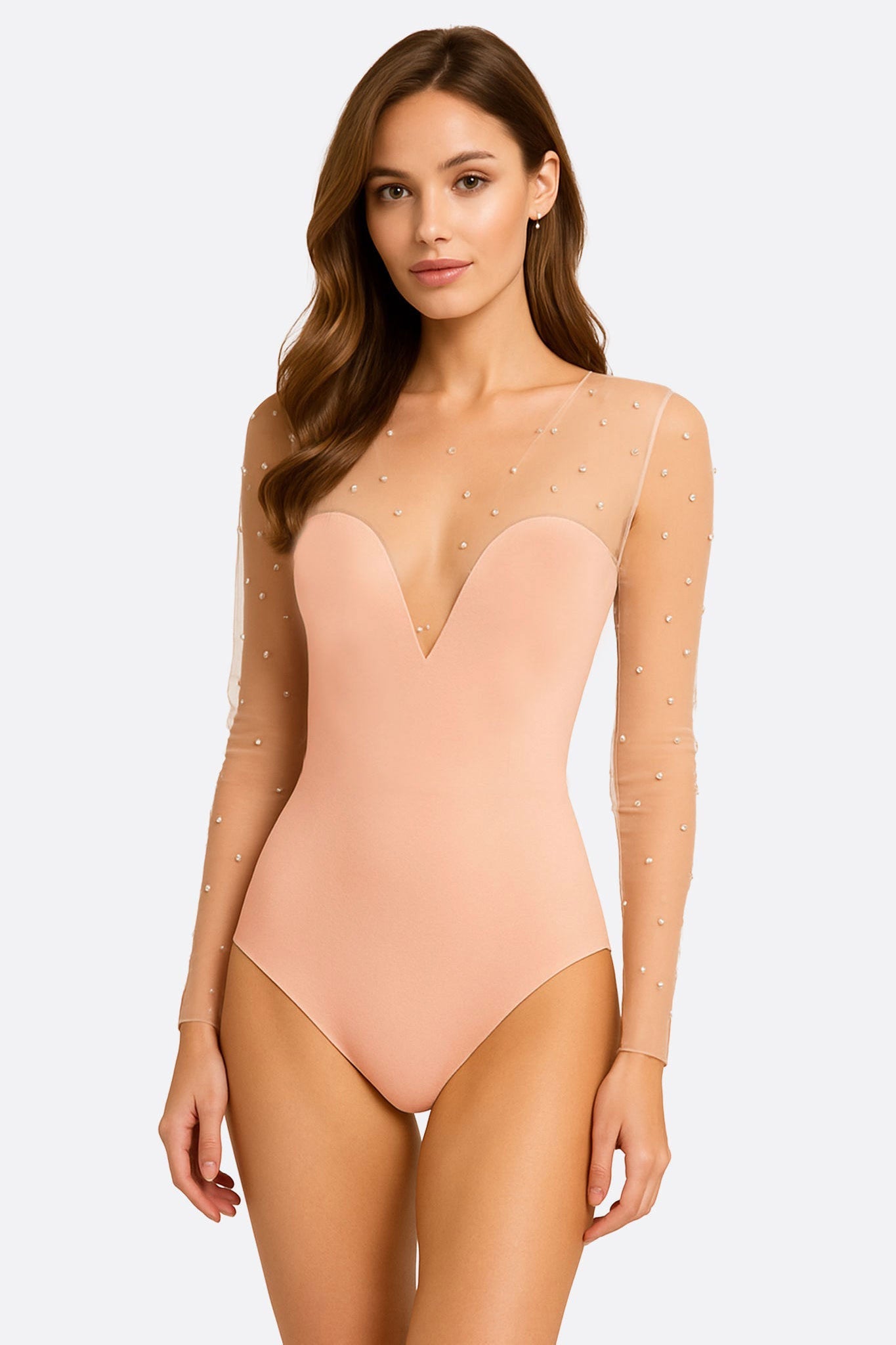Body nude de tul transparente y perlas delicadas