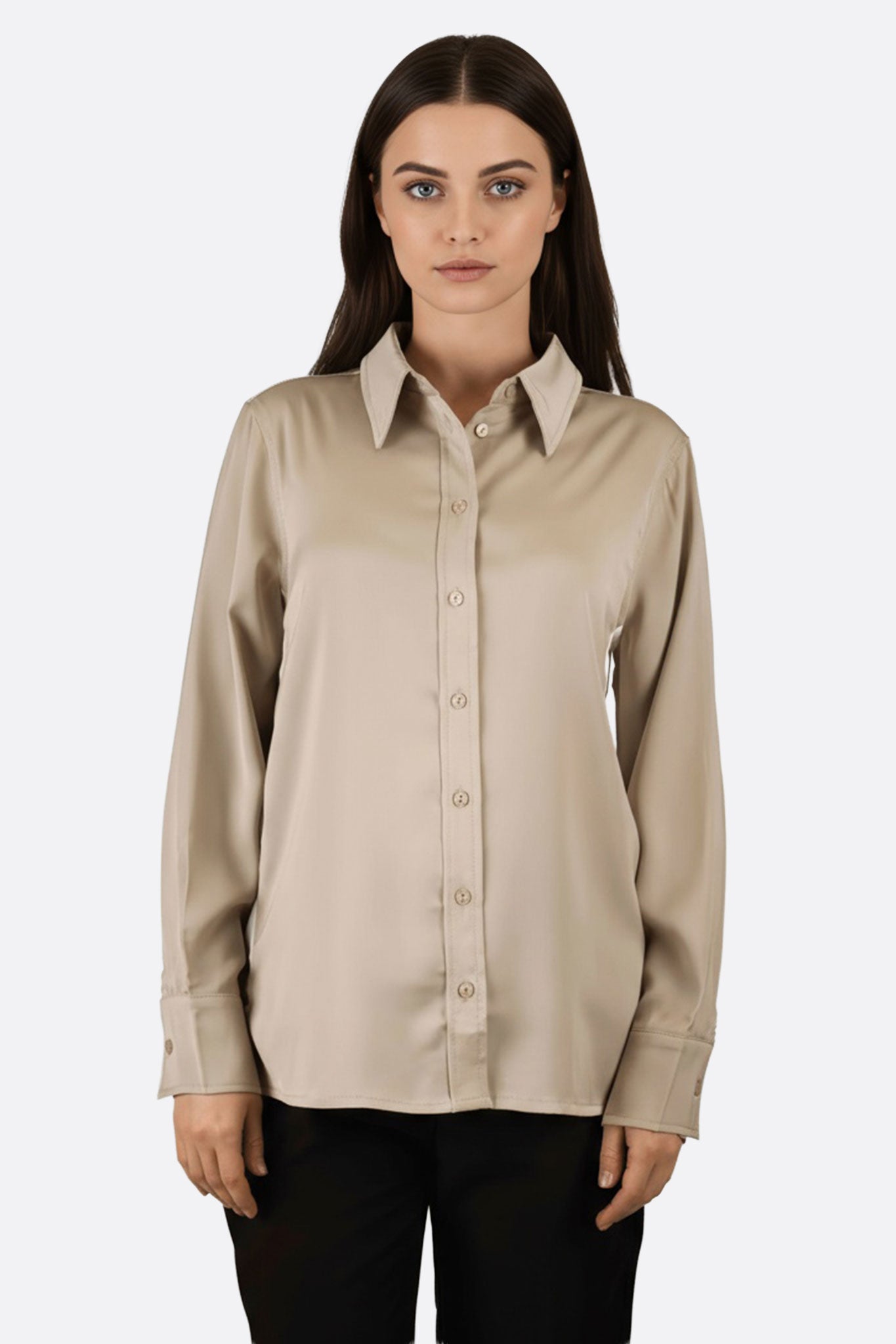Camisa beige de manga larga con banda contrastante