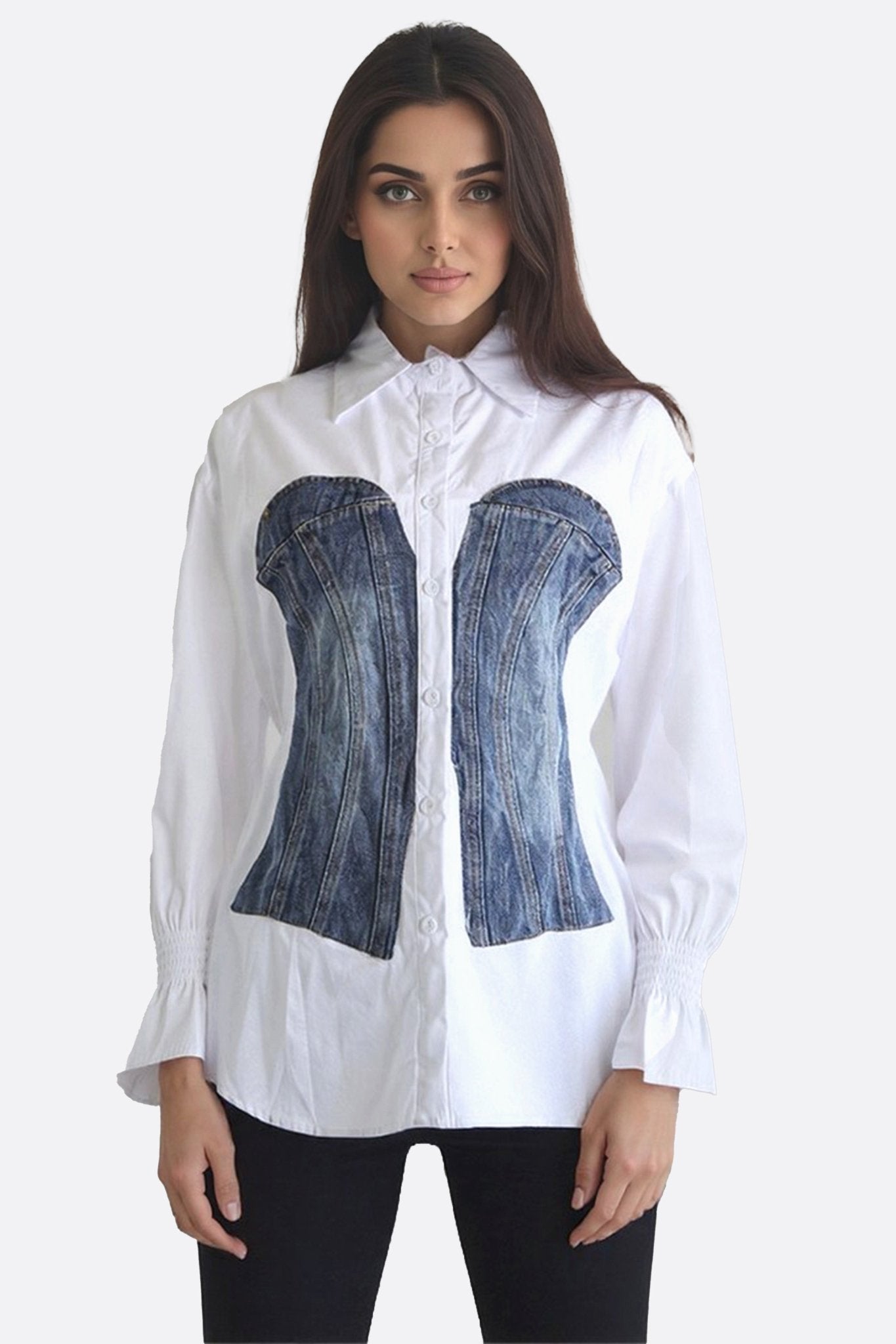 Camisa blanca con detalle de corsé de denim azul