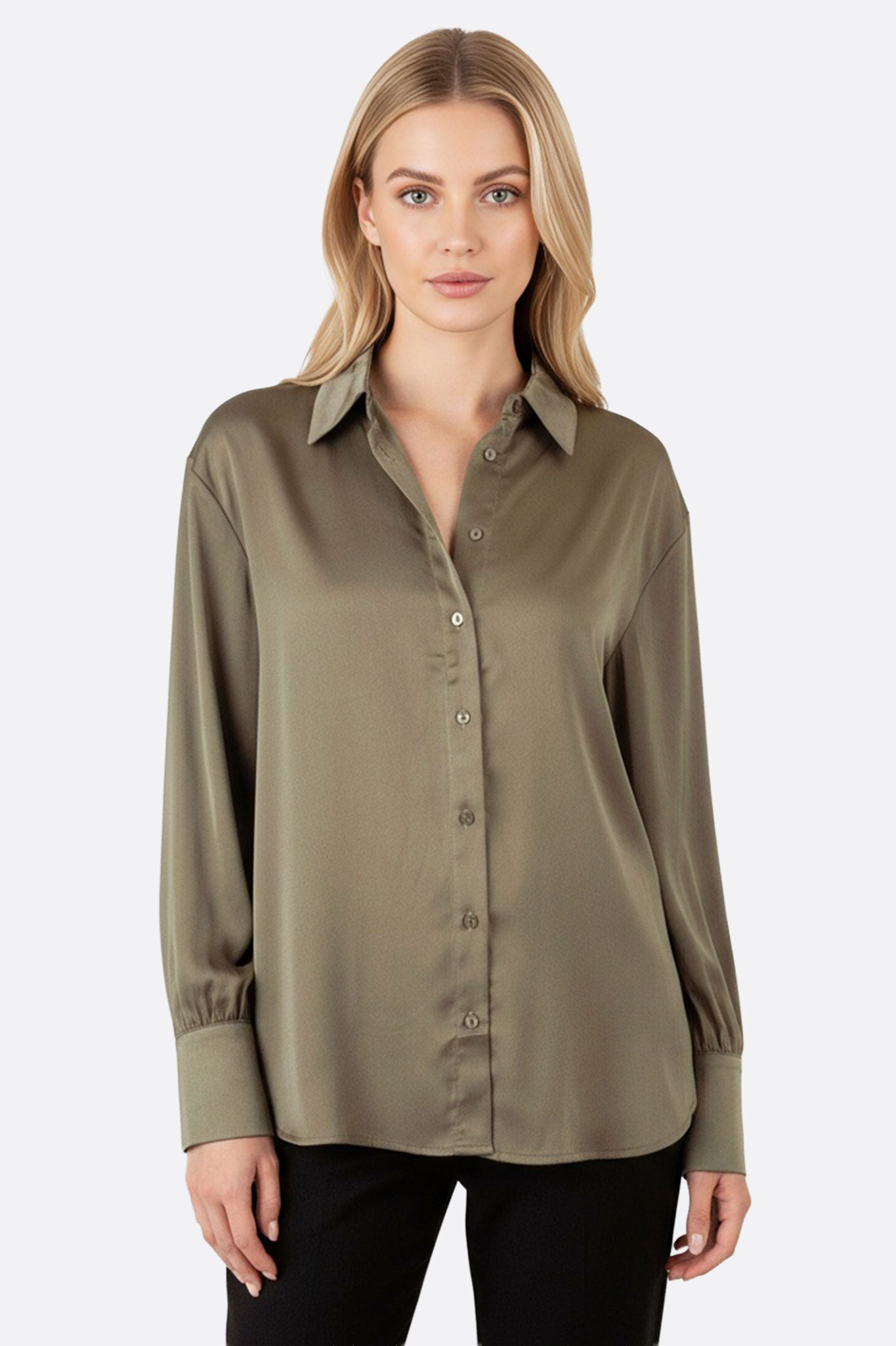 Camisa satinada verde caqui de manga larga