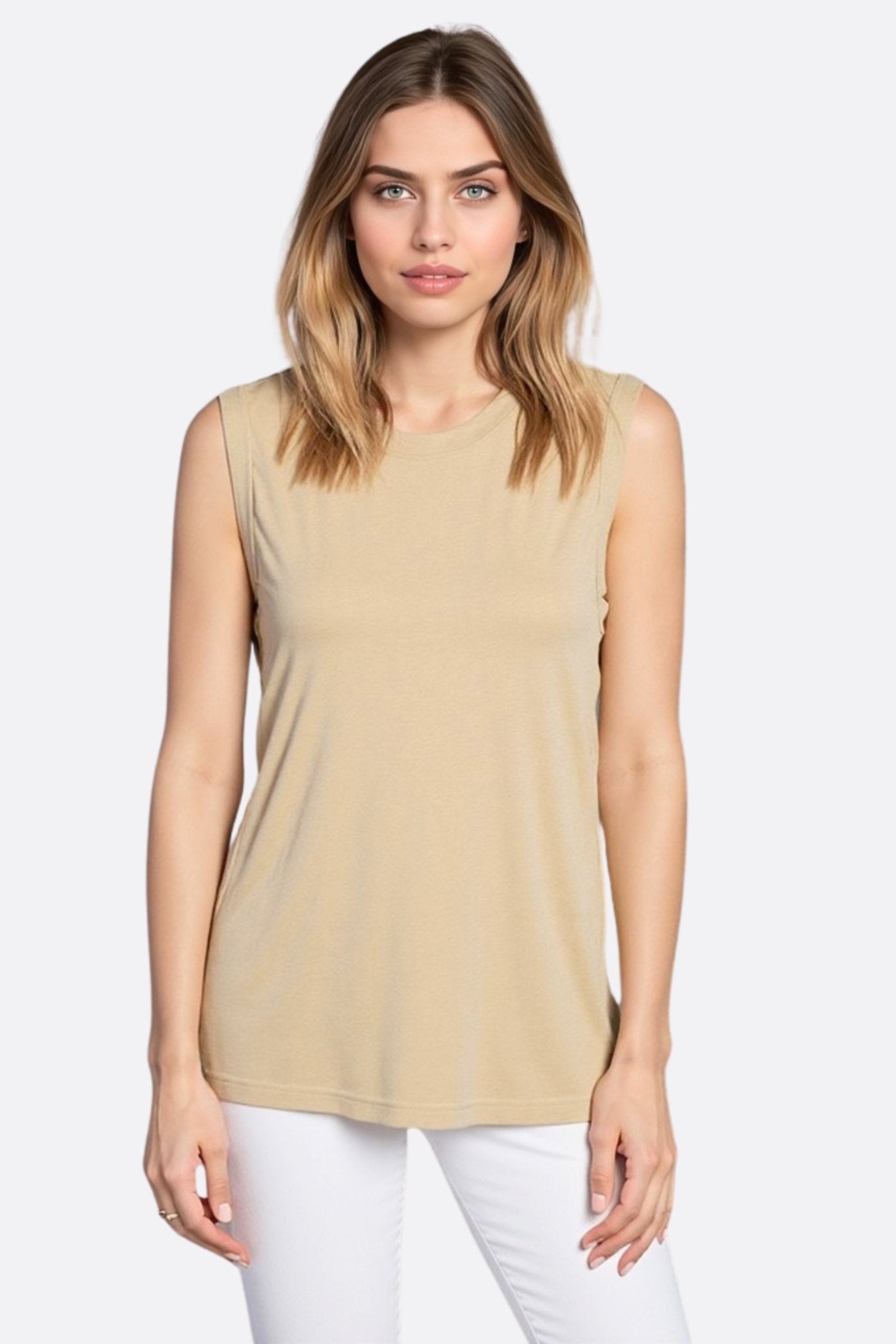Camiseta sin mangas beige minimalista de jersey brillante