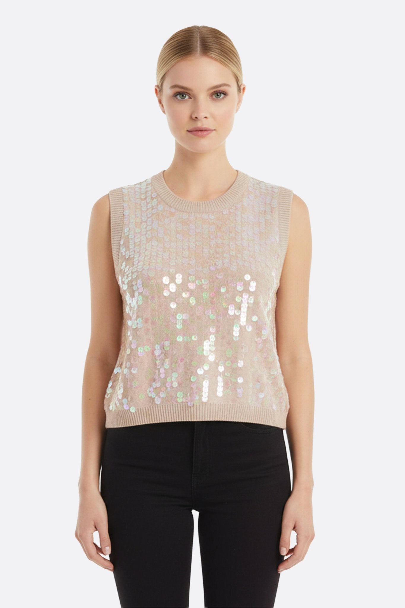 Camiseta sin mangas con lentejuelas iridiscentes beige y rosa empolvado