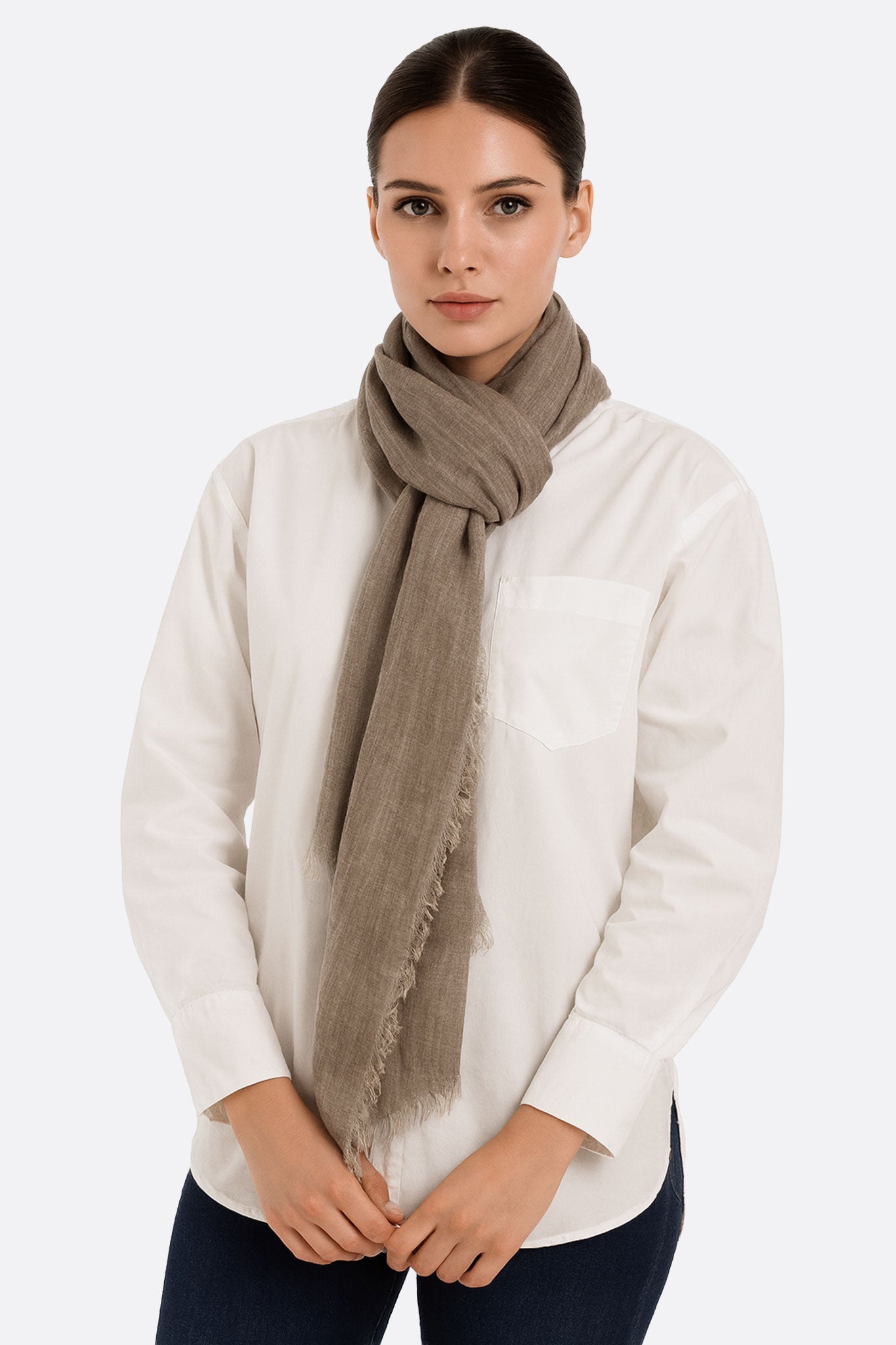 Bufanda beige de tejido natural – Modal, lana y cachemira
