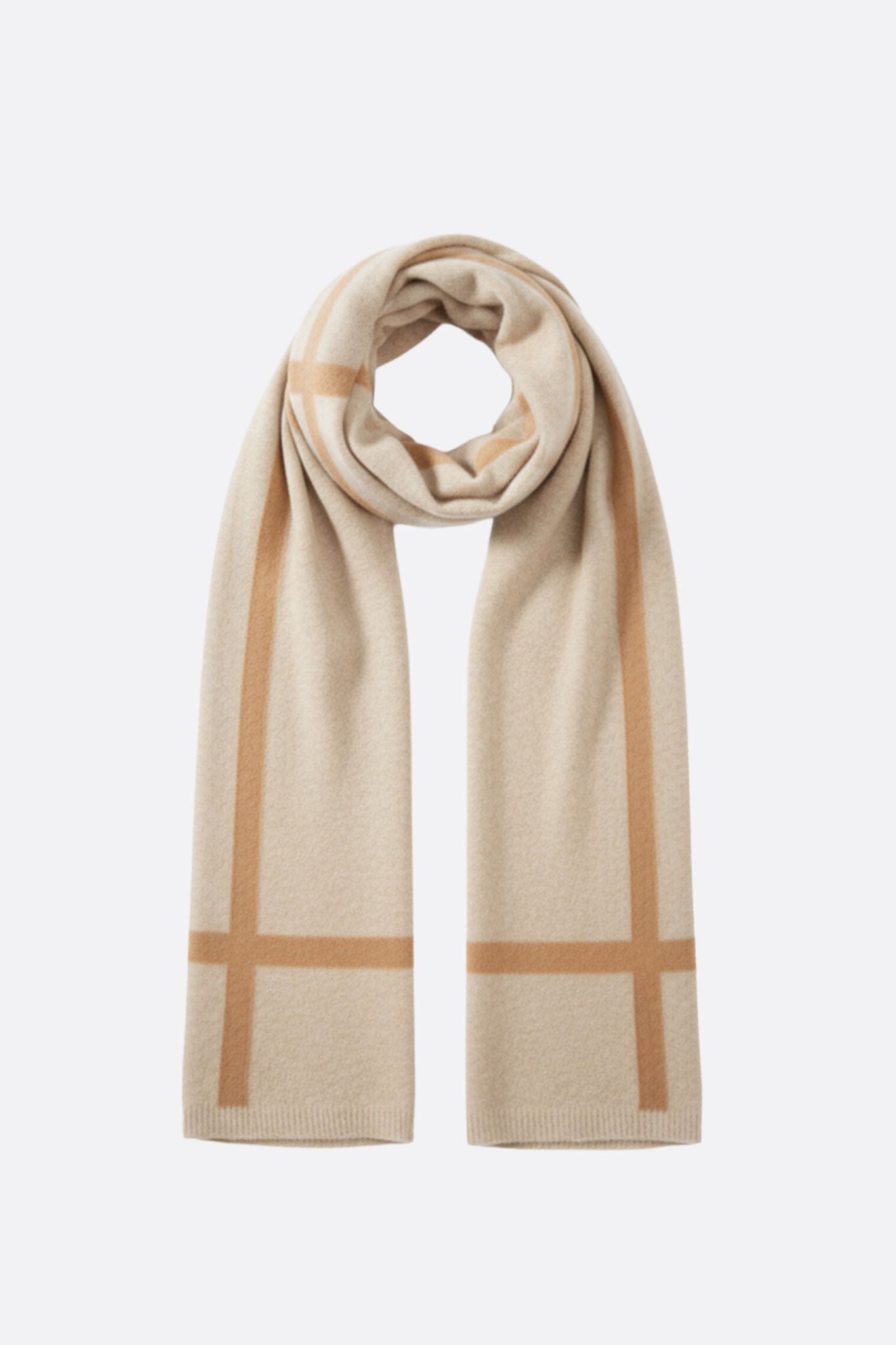 Bufanda de cachemira beige con bandas contrastantes marrón