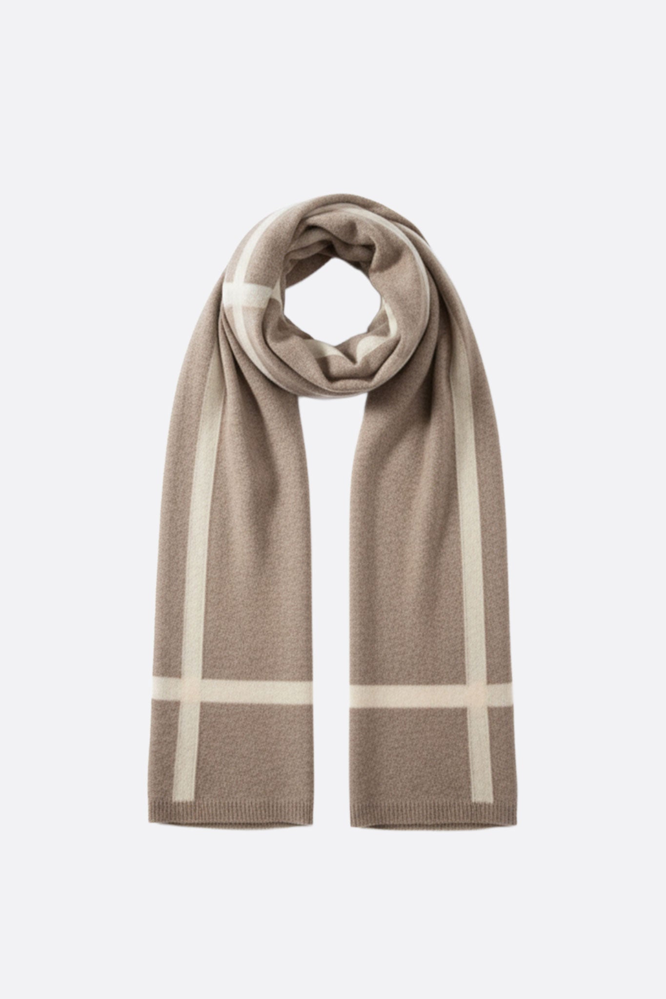 Bufanda de cachemira marrón con bandas contrastantes beige