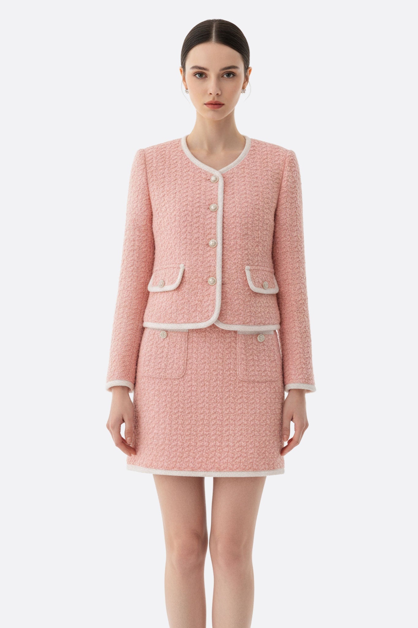 Conjunto de falda corta y chaqueta con bolsillos de tweed rosa