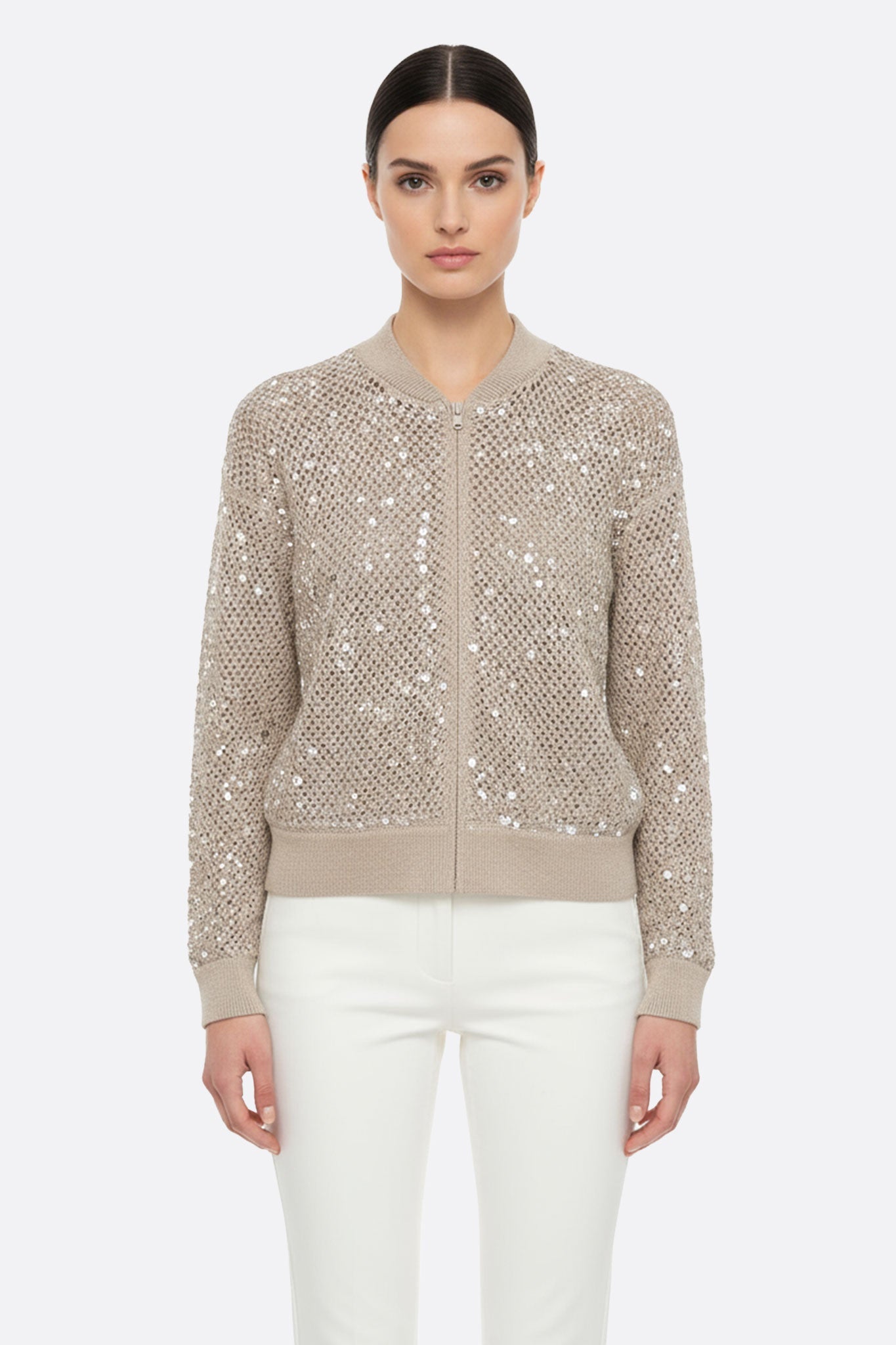 Chaleco calado beige con lentejuelas de lino y algodón