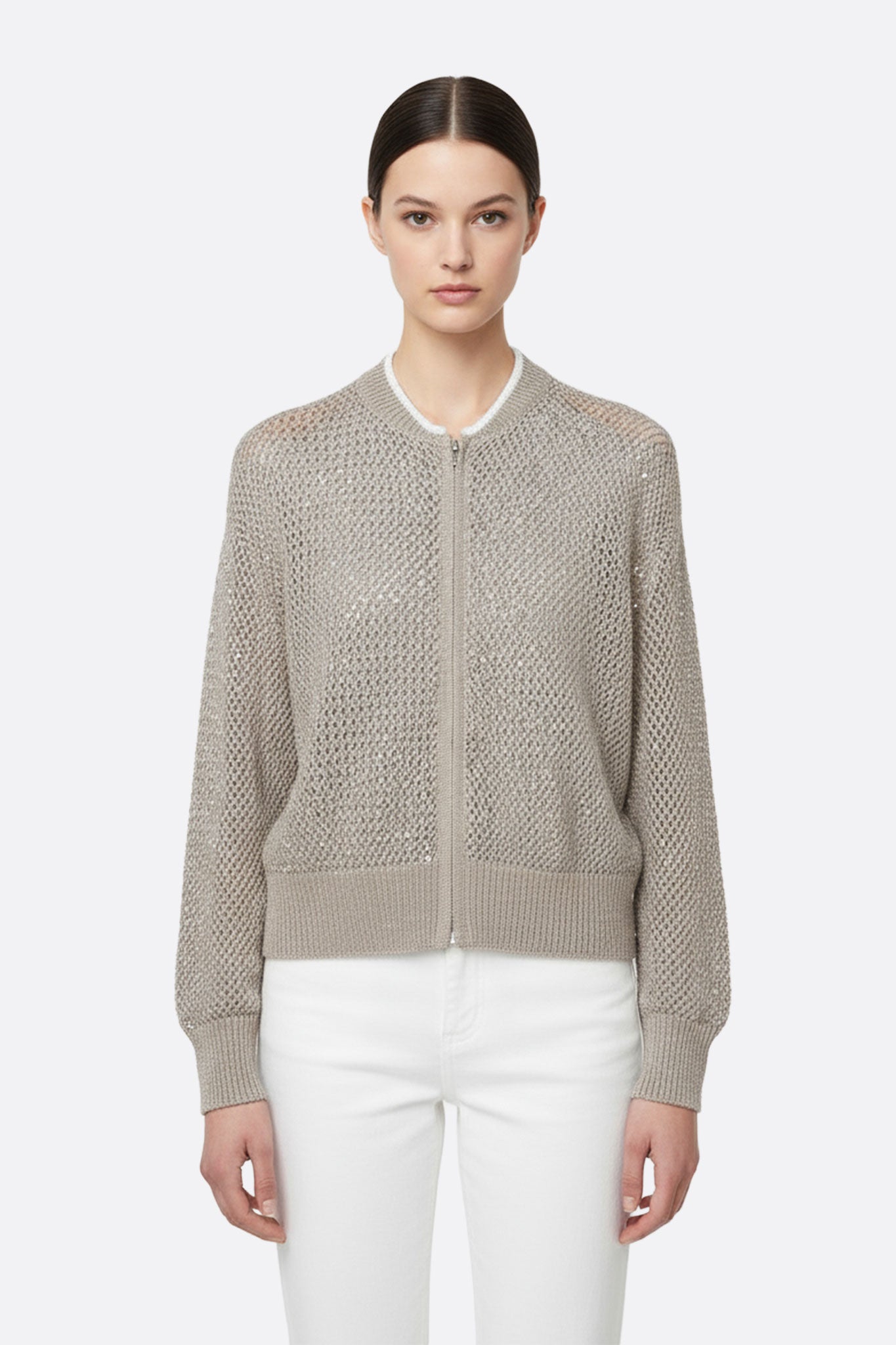 Chaleco beige arena calado con cremallera de algodón y tencel con lentejuelas