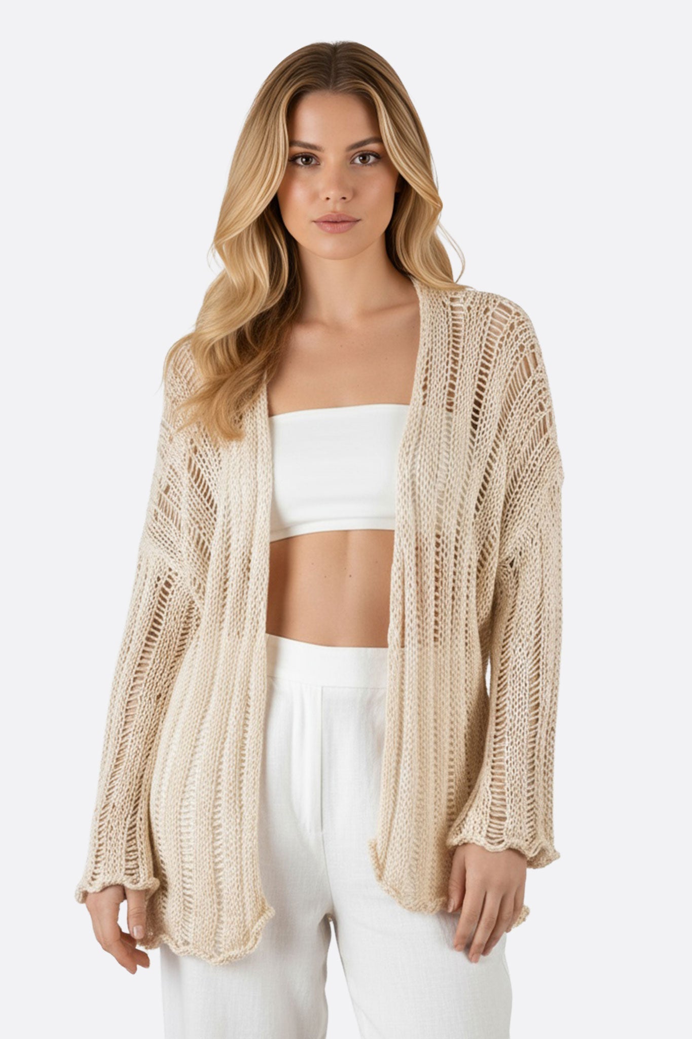 Chaleco bohemio beige de punto de ganchillo calado