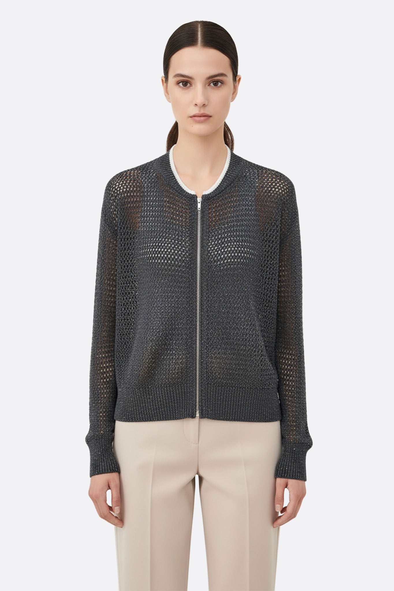 Chaleco gris calado con cremallera de algodón y tencel con lentejuelas