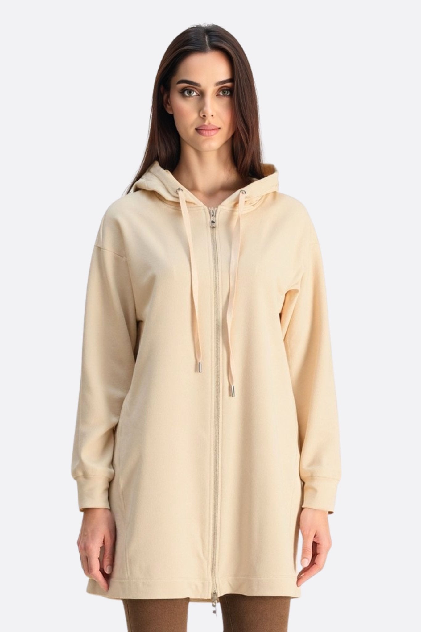 Sudadera larga con cremallera beige bicolor con capucha