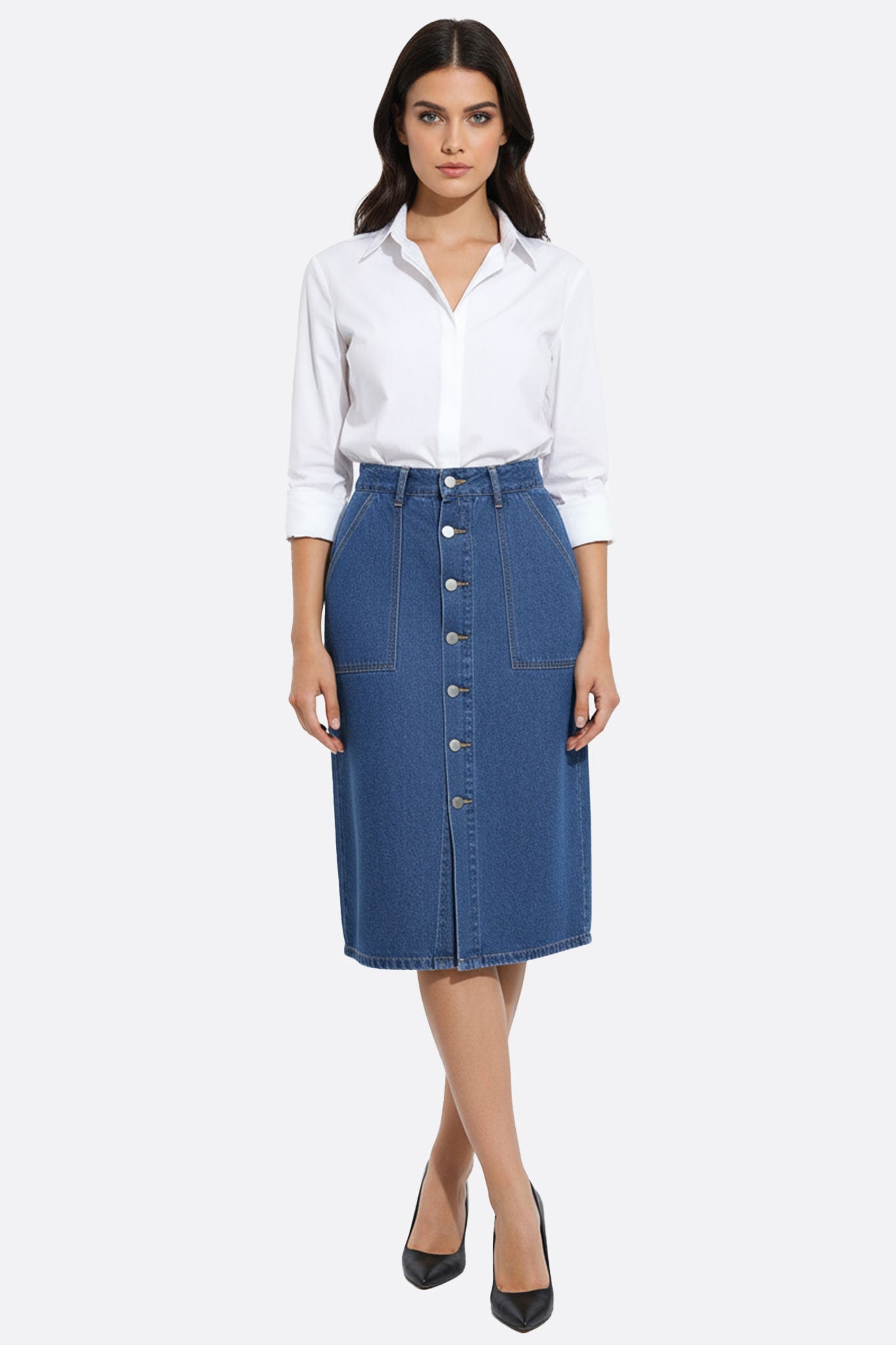 Falda larga de mezclilla azul con bolsillos oversize