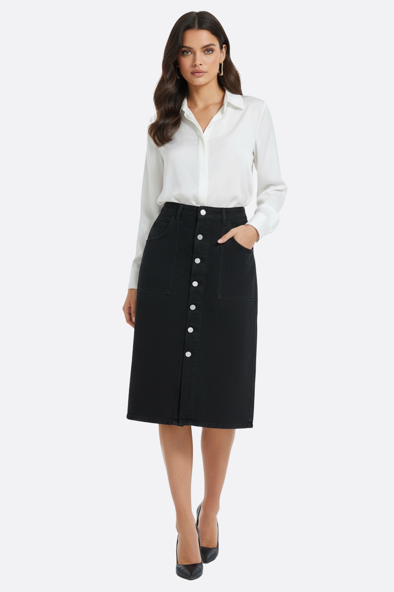 Falda larga de mezclilla negra con bolsillos oversize