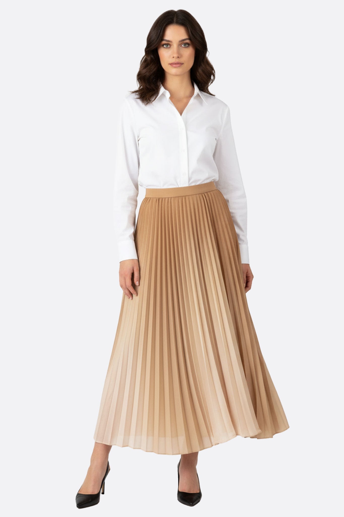Falda larga plisada beige con degradado sutil