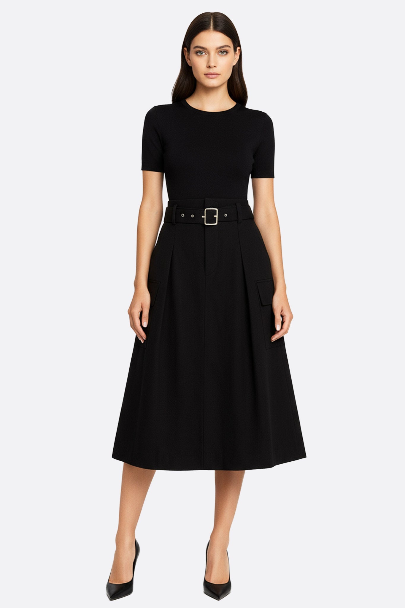 Falda midi negra con cinturón y bolsillos oversize
