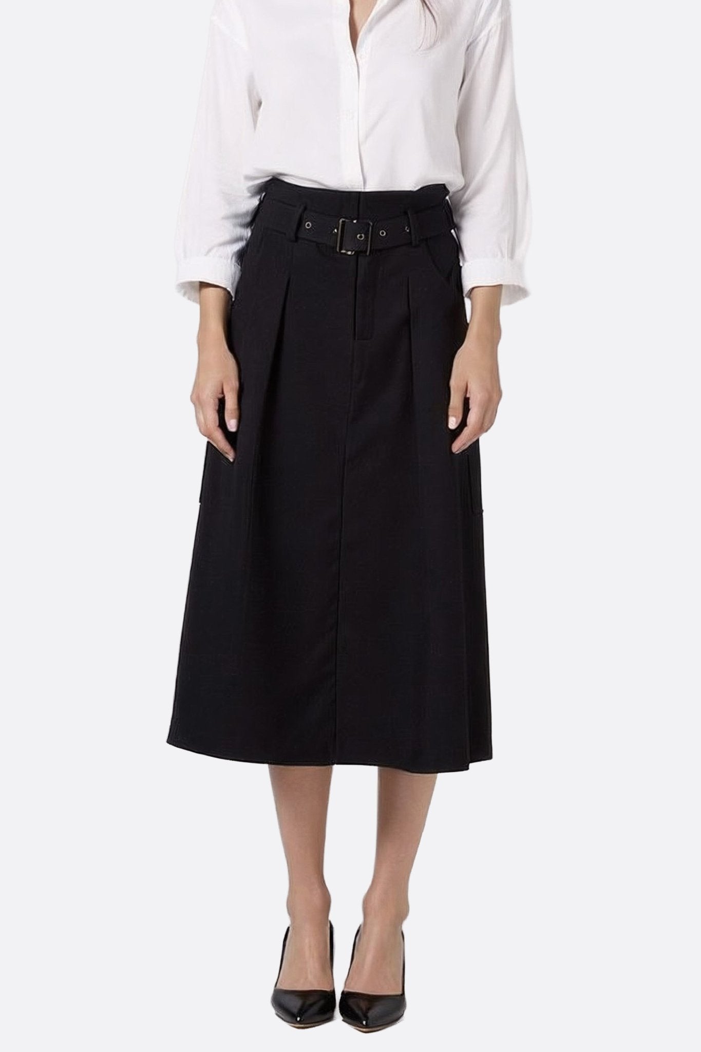 Falda midi negra de talle alto con cinturilla integrada