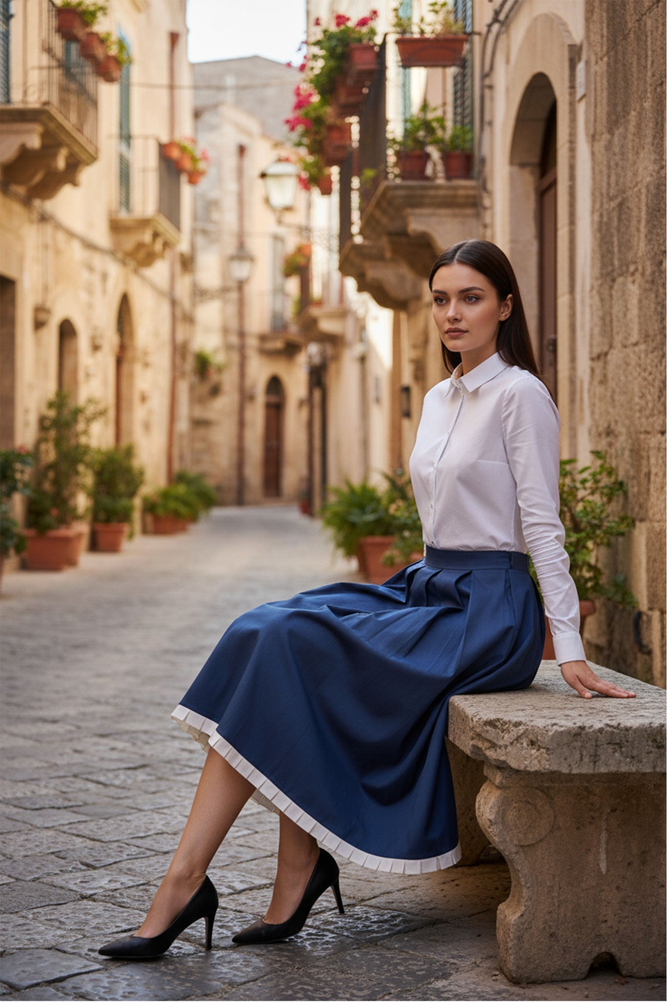 Navy Pleated Midi Skirt | Contrast Waistband – Misciano
