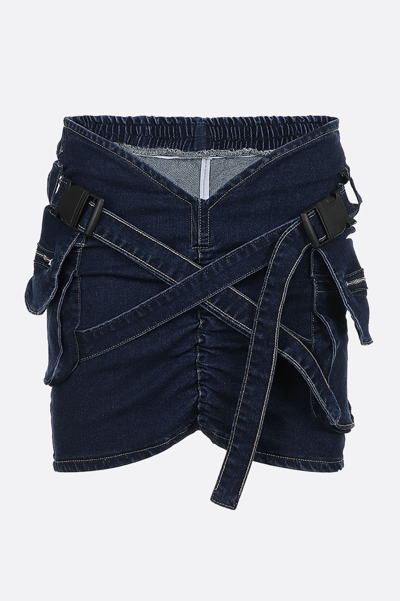 Falda corta de denim estructurado con tirantes cruzados