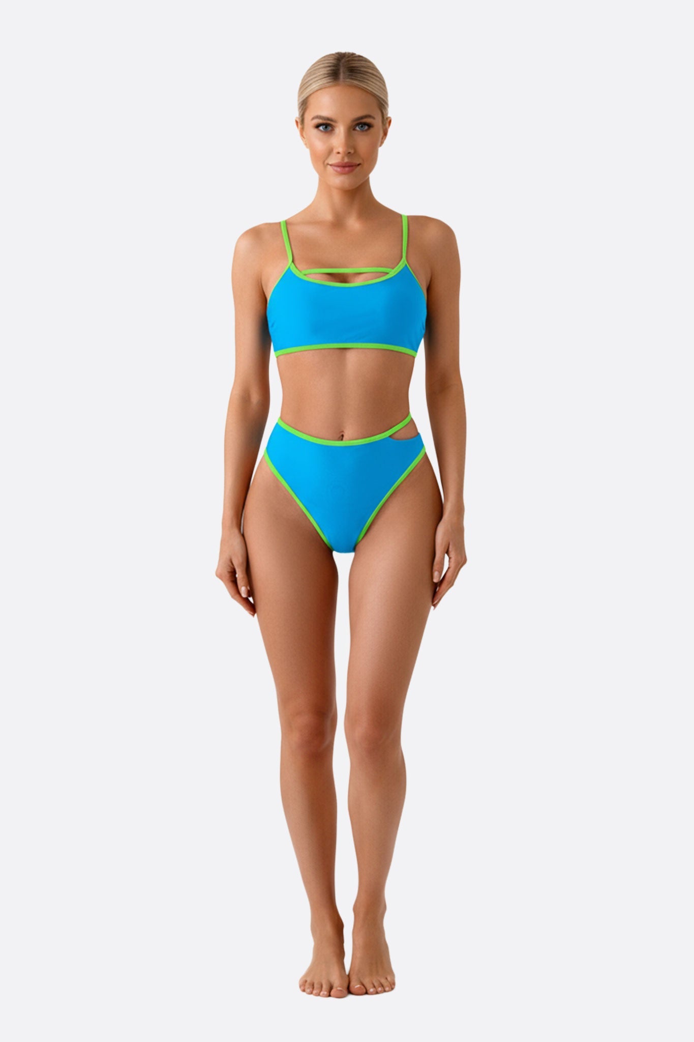 Bikini de talle alto azul con detalles verde flúor