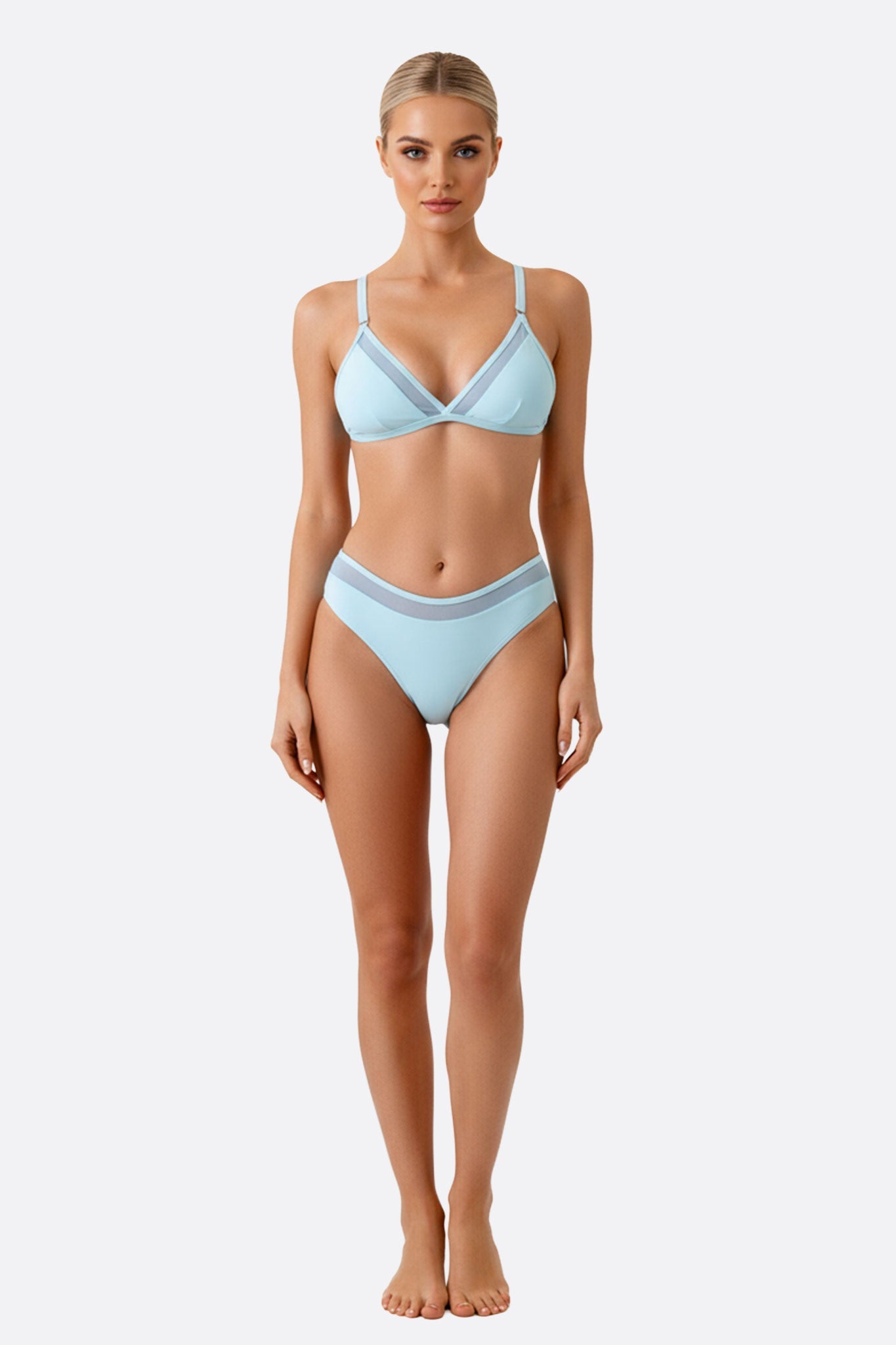 Bikini de talle alto azul pastel con detalles transparentes