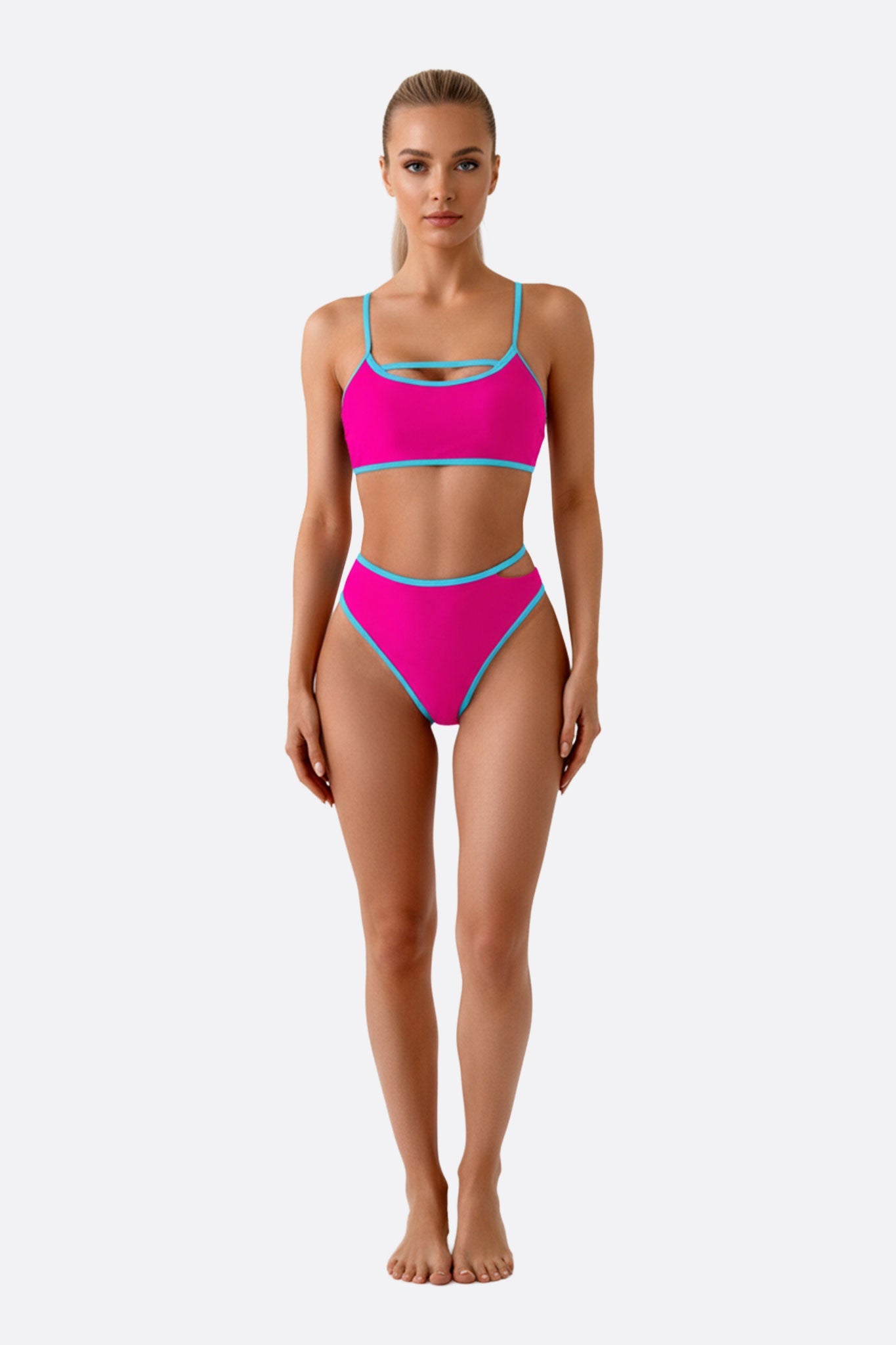 Bikini de cintura alta fucsia con detalles en azul turquesa