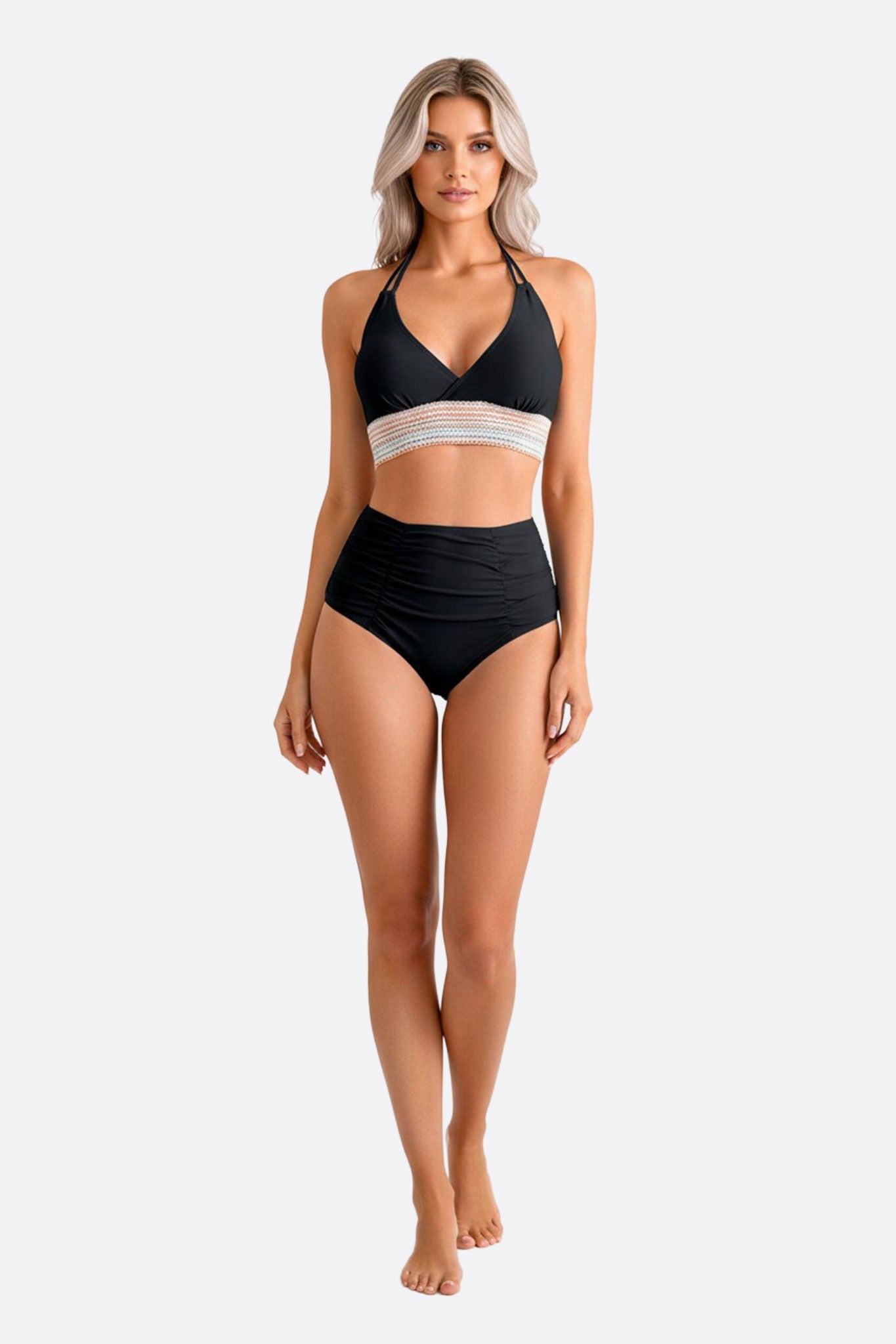 Bikini de talle alta negro con detalle multicolor