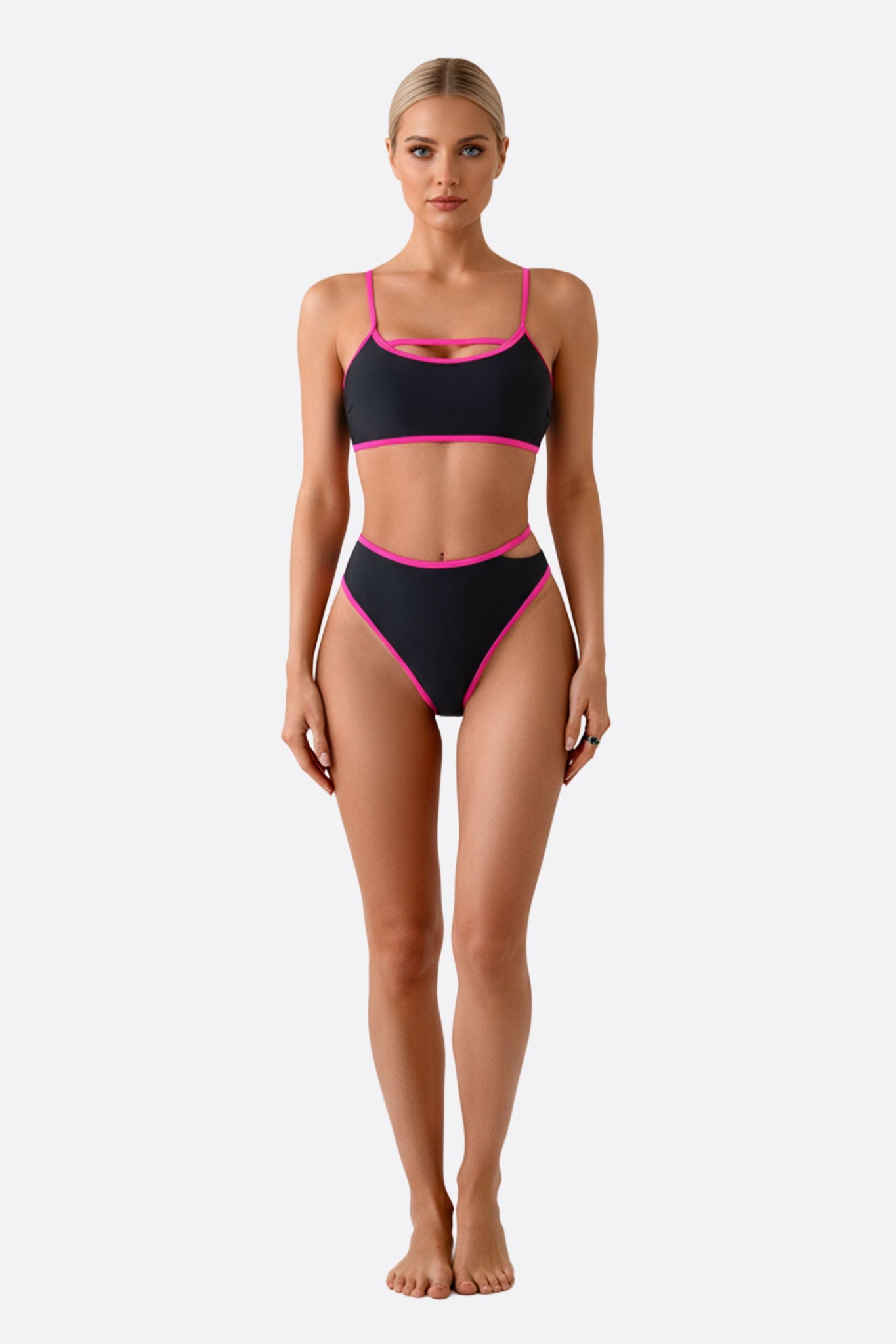 Bikini de talle alto negro con detalles fucsia