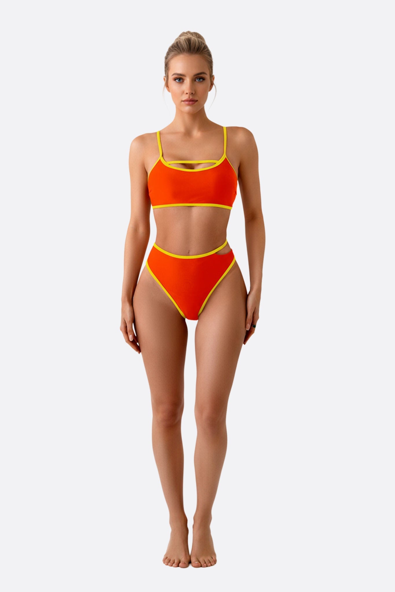Bikini de cintura alta naranja con detalles amarillos