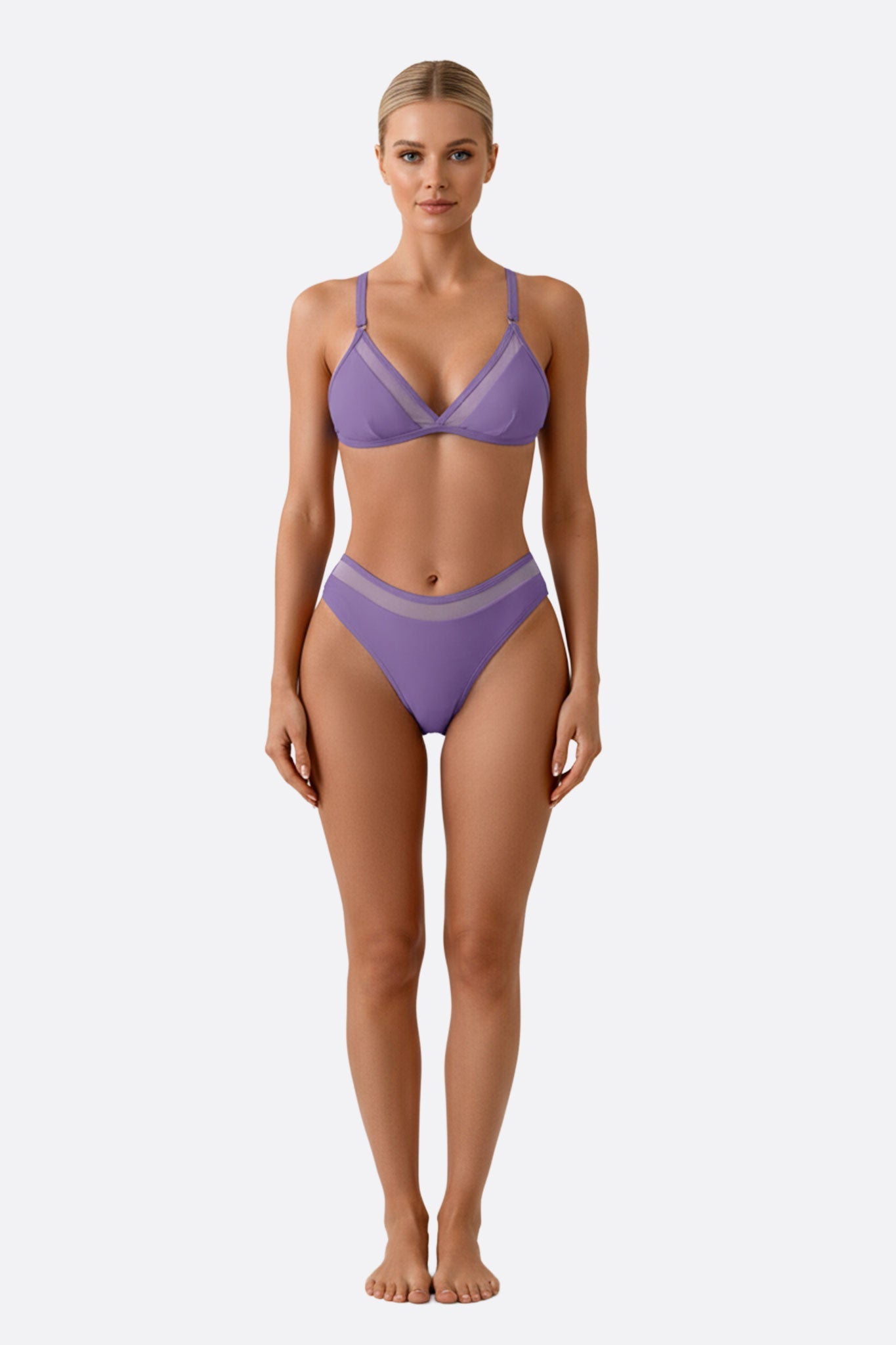 Bikini de talle alto morado con detalles transparentes