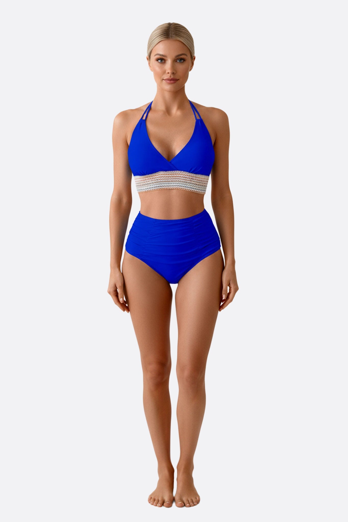 Traje de baño azul real con banda multicolor