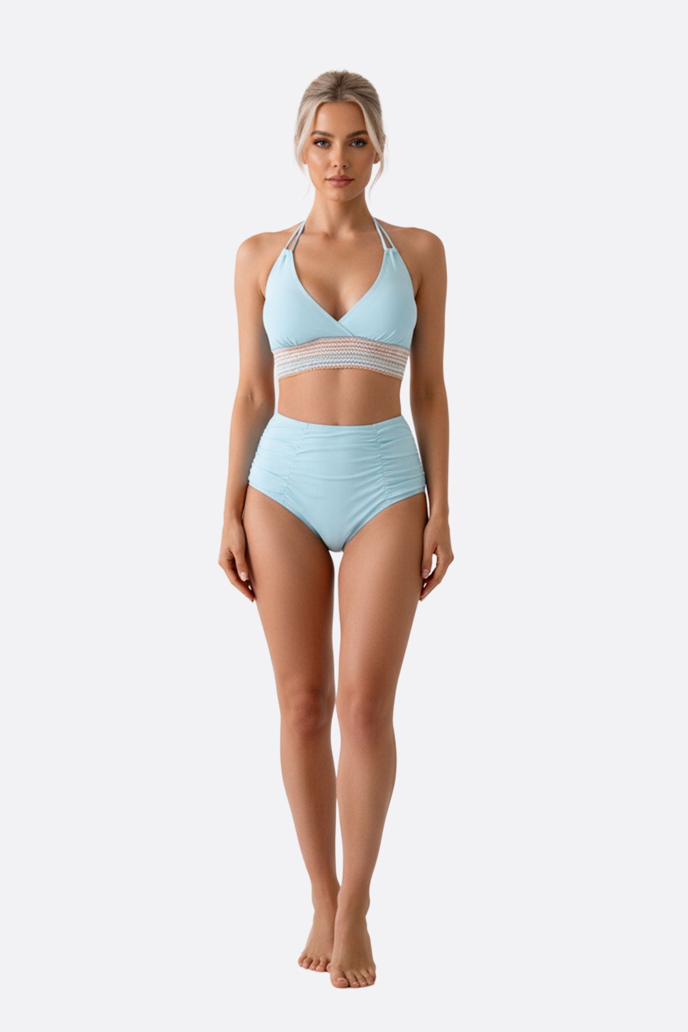 Traje de baño azul pastel con banda multicolor