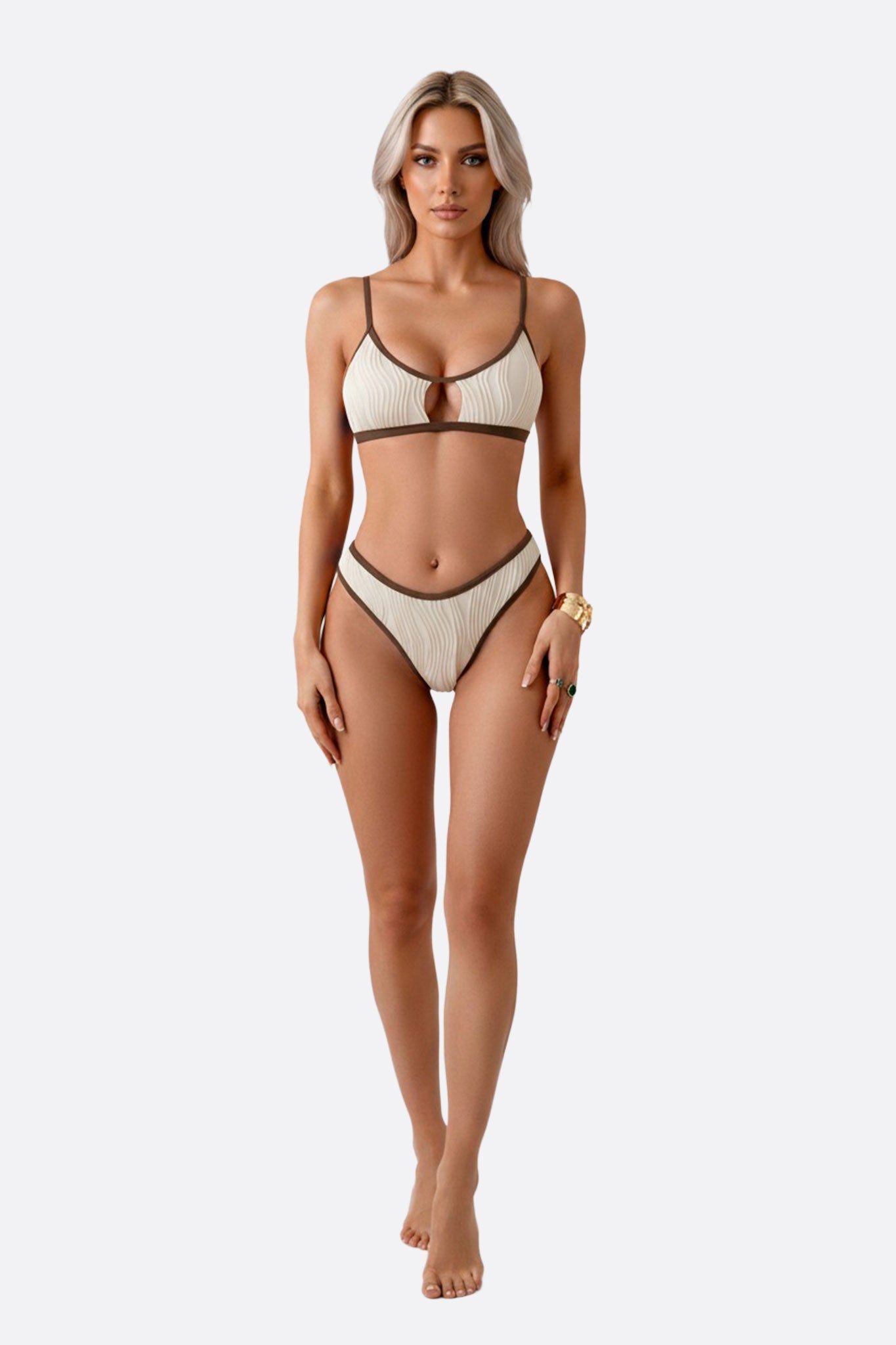 Bañador de dos piezas beige con ribete marrón